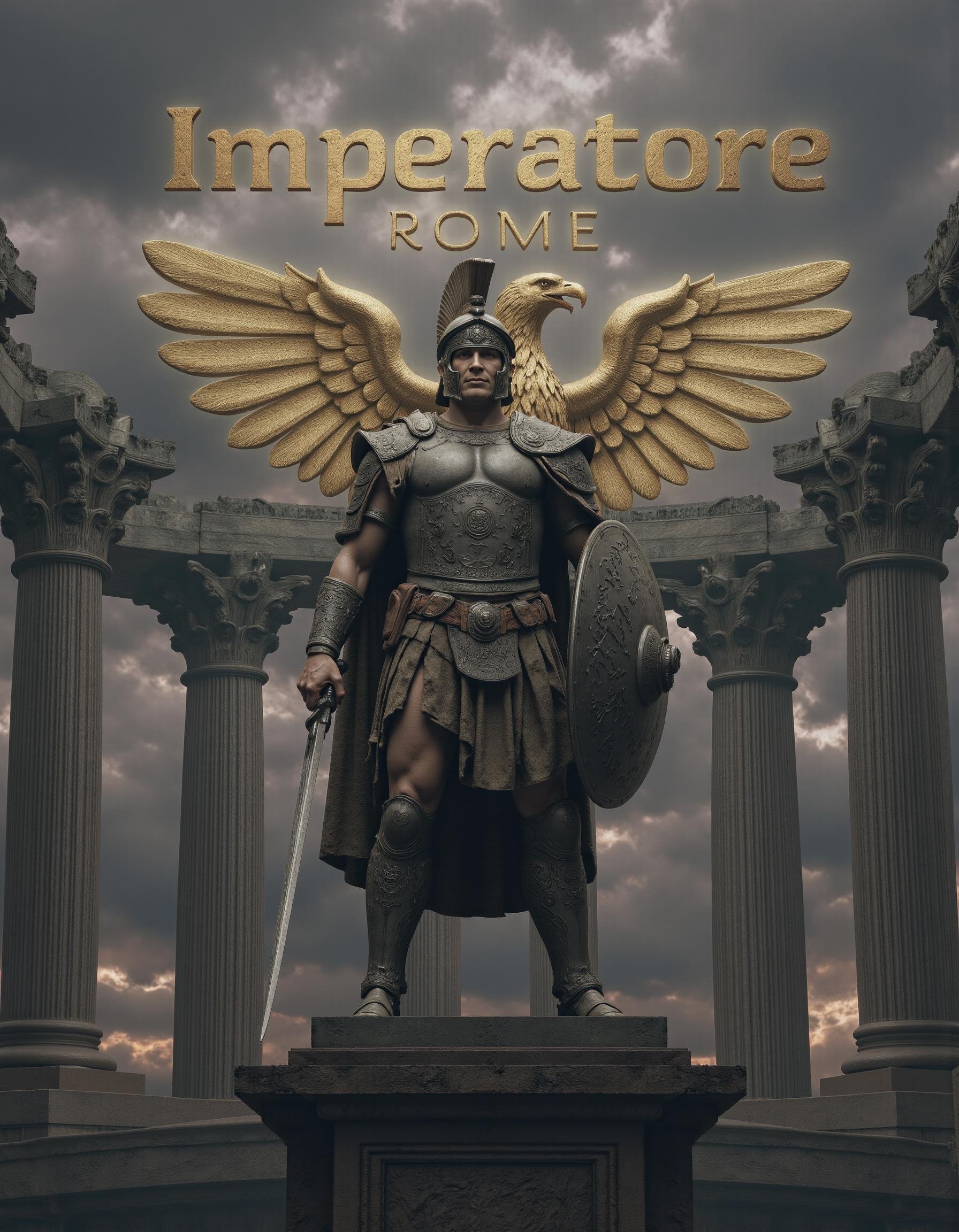 cinematic film still professional 3d model This image is a digital artwork depicting a statue of a classical Roman Emperor...