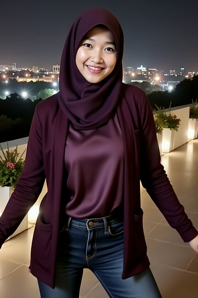A woman named rina standing in elegant pose,  on the rooftop of a luxurious hotel with charming decorations and the twinkl...