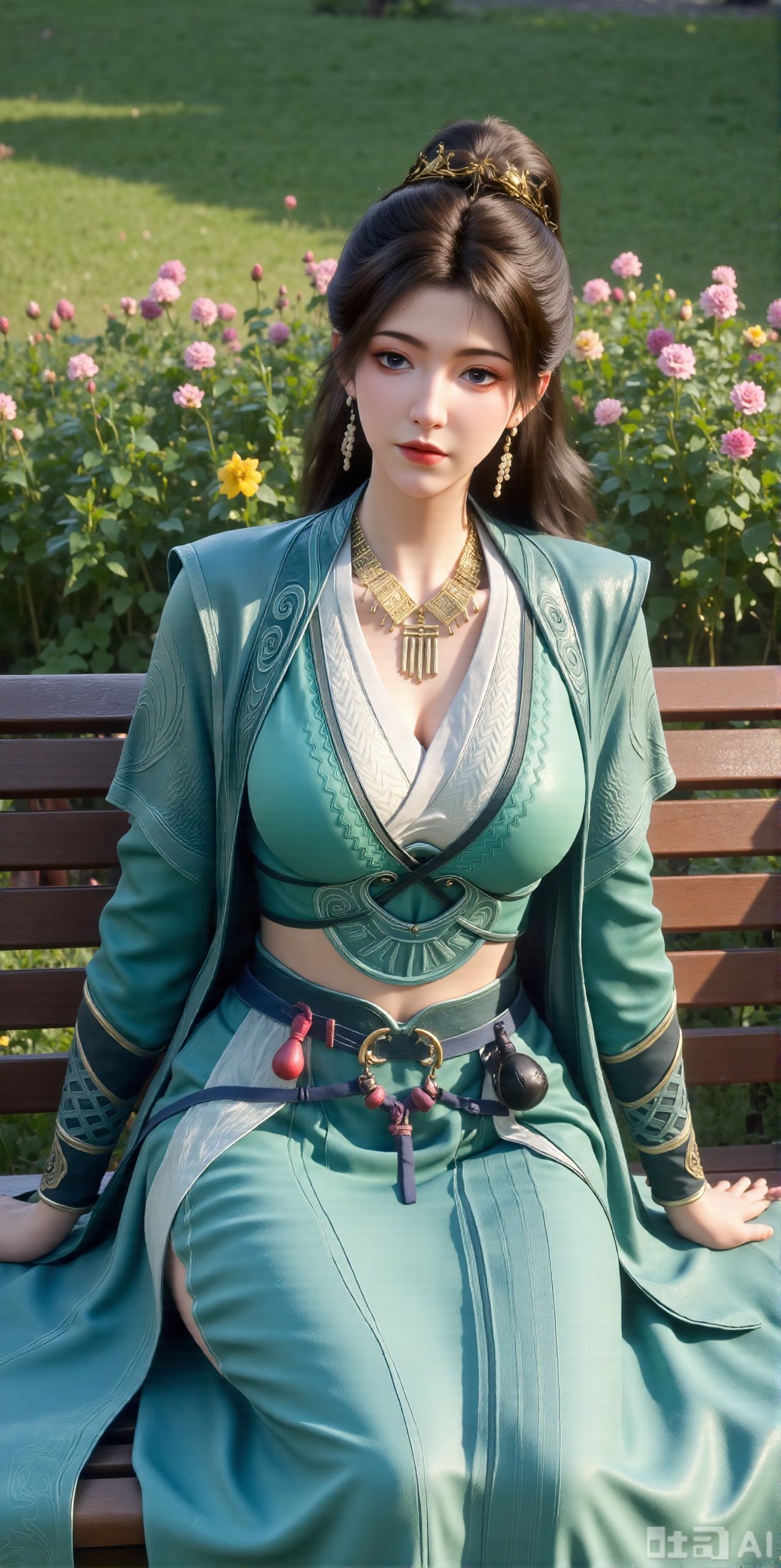 A beauty ,  (dress). Leaning on a garden bench filled with macaron - colored flowers,  .Sunlight filters through the leave...