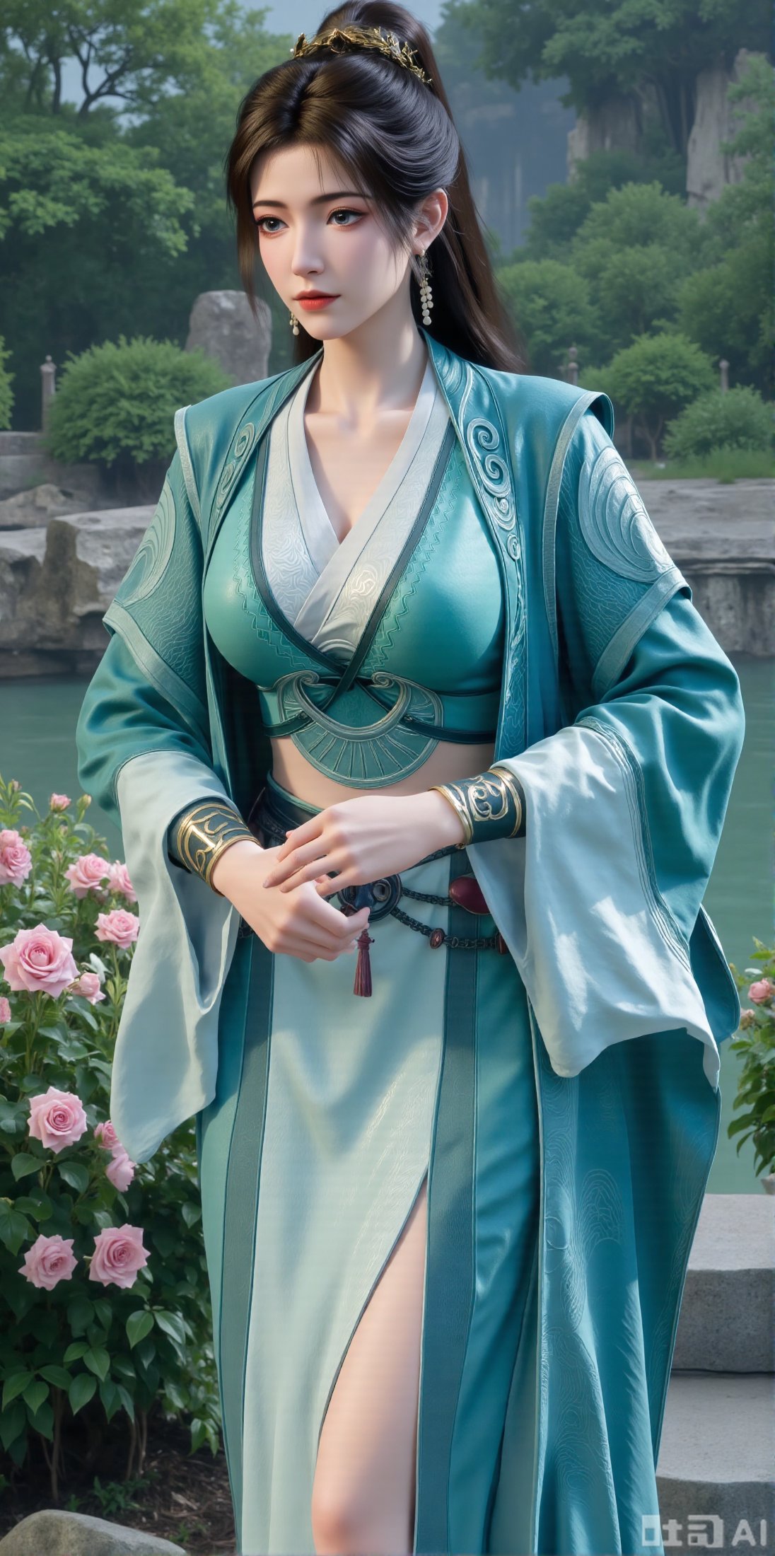 best quality,  A woman adorned in traditional Chinese attire,  featuring a flowing robe with intricate embroidery and flor...