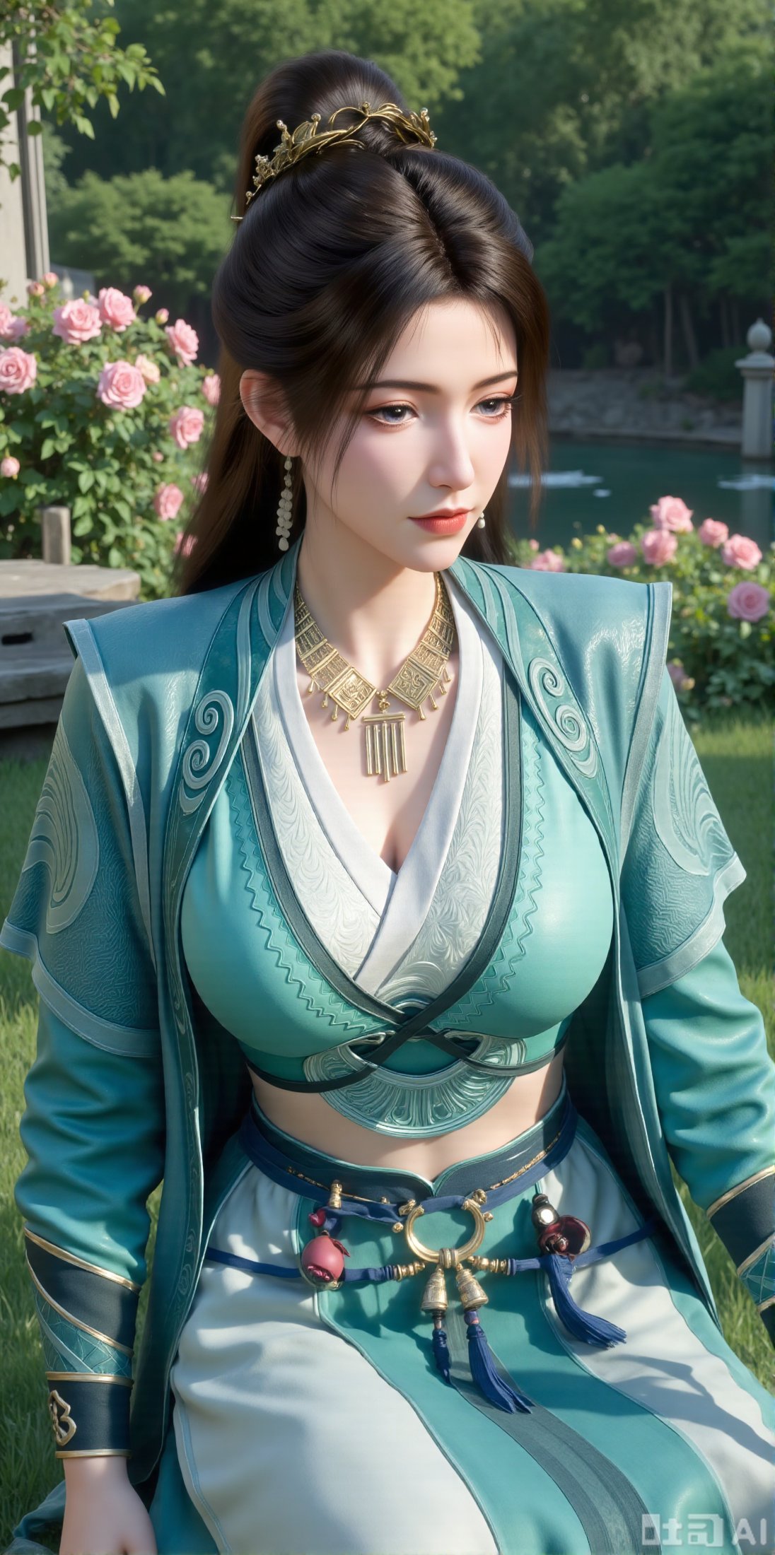 best quality,  A woman adorned in traditional Chinese attire,  featuring a flowing robe with intricate embroidery and flor...