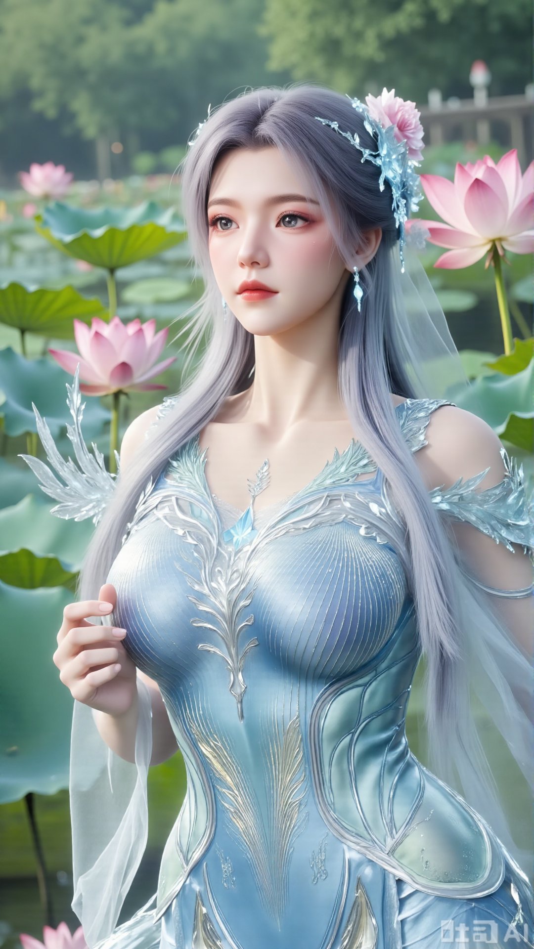 best quality,  A woman adorned in traditional Chinese attire,  featuring a flowing robe with intricate embroidery and flor...