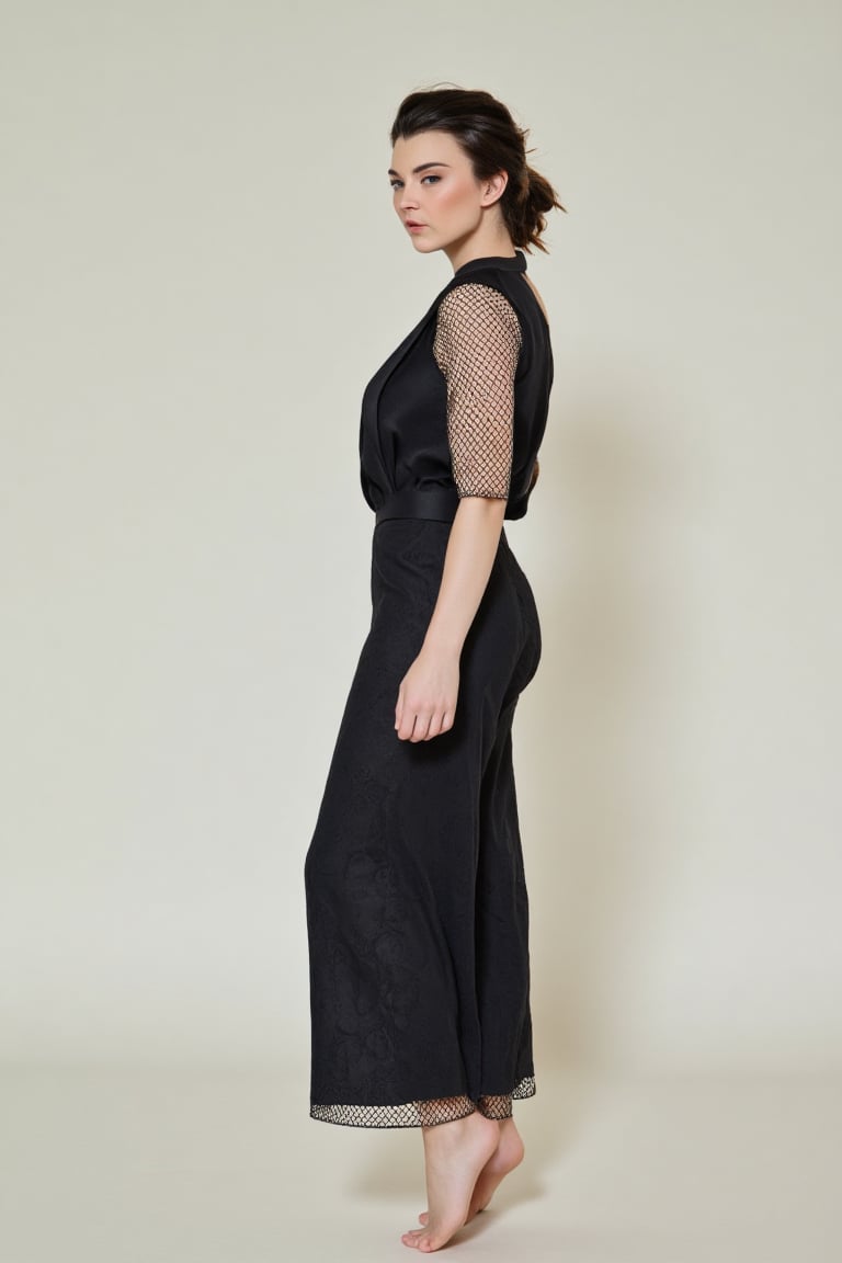 A full-body shot of a breathtakingly glamorous woman in a sophisticated,  minimalist high-fashion outfit,  barefoot. Her f...