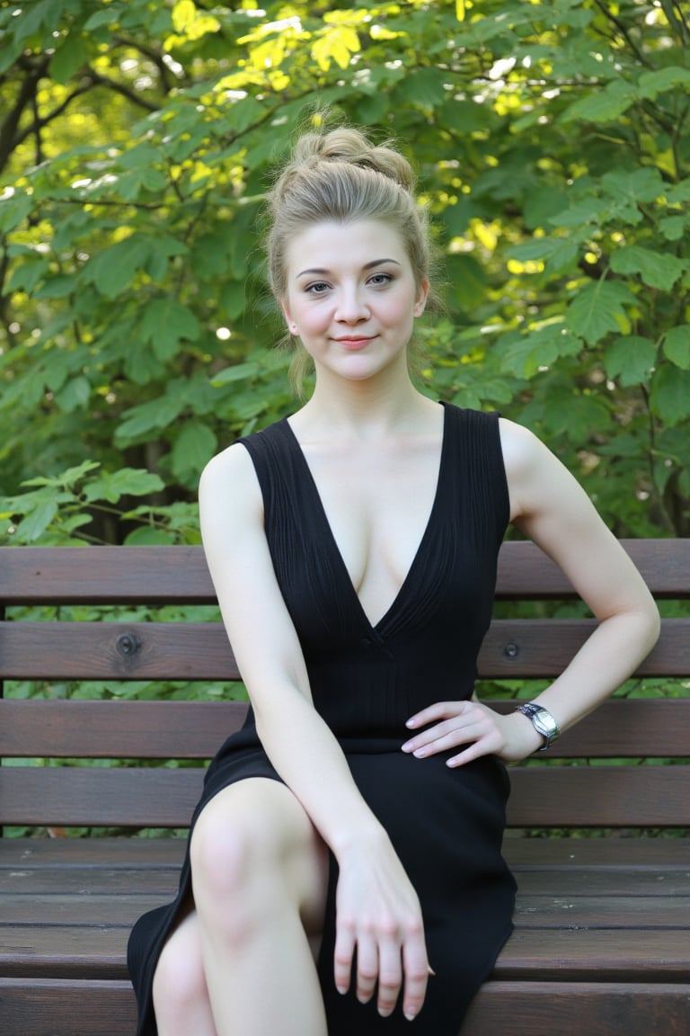 Photograph of a young woman with light skin,  sitting on a wooden bench in a park. She has blonde hair styled in a high bu...