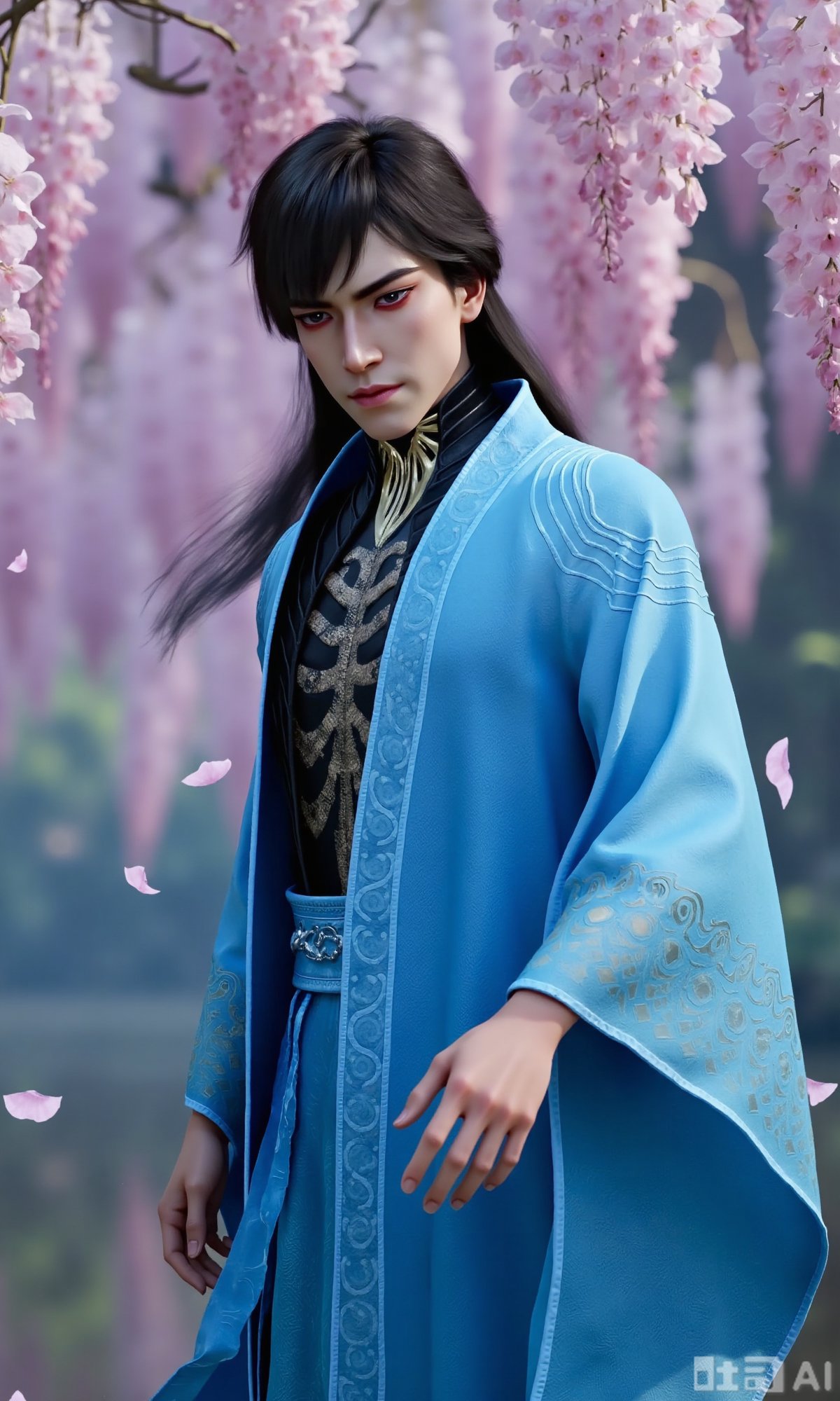 a graceful young man in Hanfu,  jet-black long hair,  peach blossom forest by DeepBlue藍心 on Tensor.Art