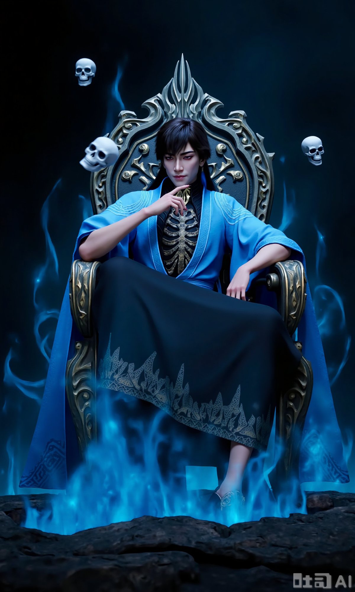 1boy,  The character is dressed in a traditional outfit,  consisting of a light blue robe with intricate patterns and a bl...