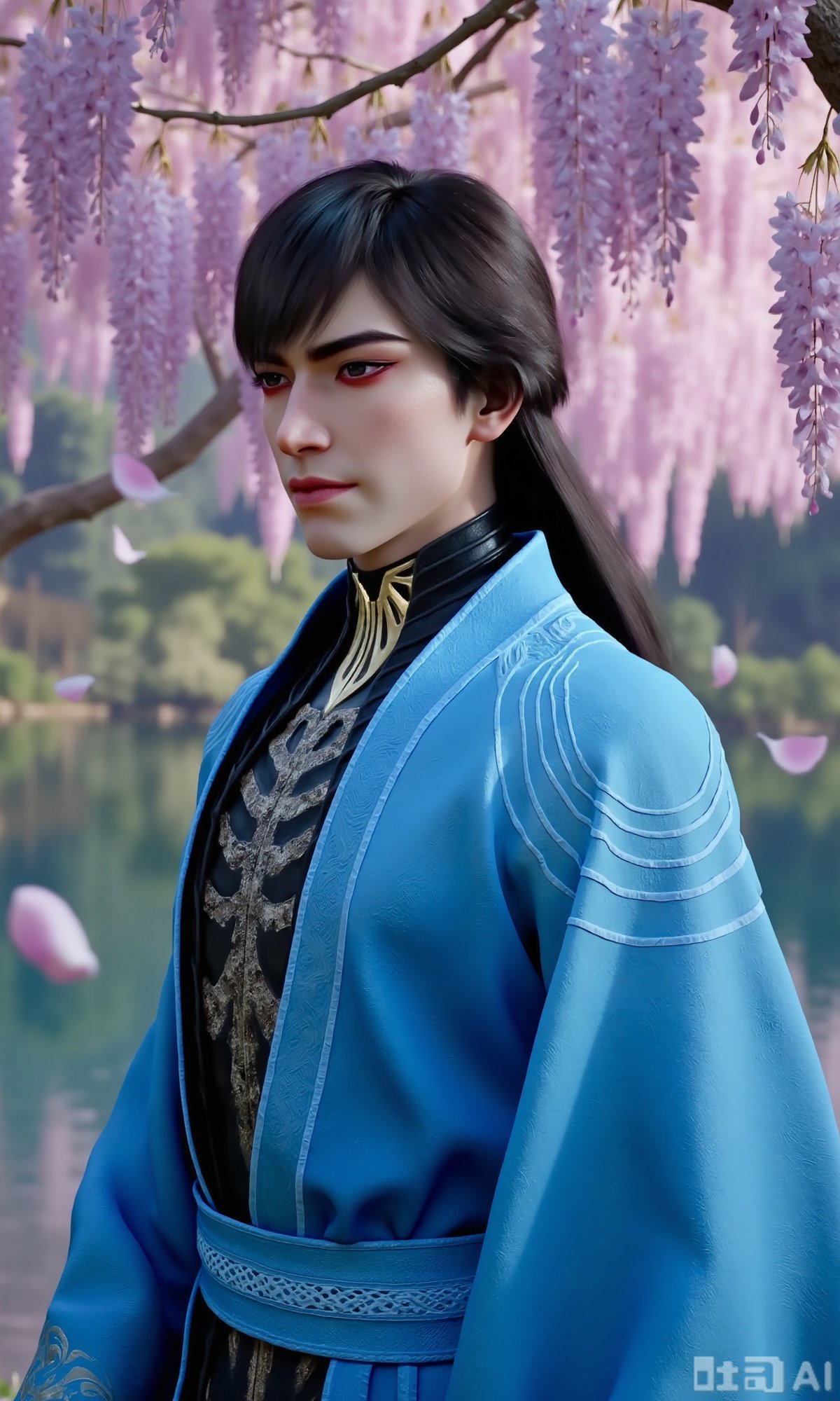 a graceful young man in Hanfu,  jet-black long hair,  peach blossom forest by DeepBlue藍心 on Tensor.Art