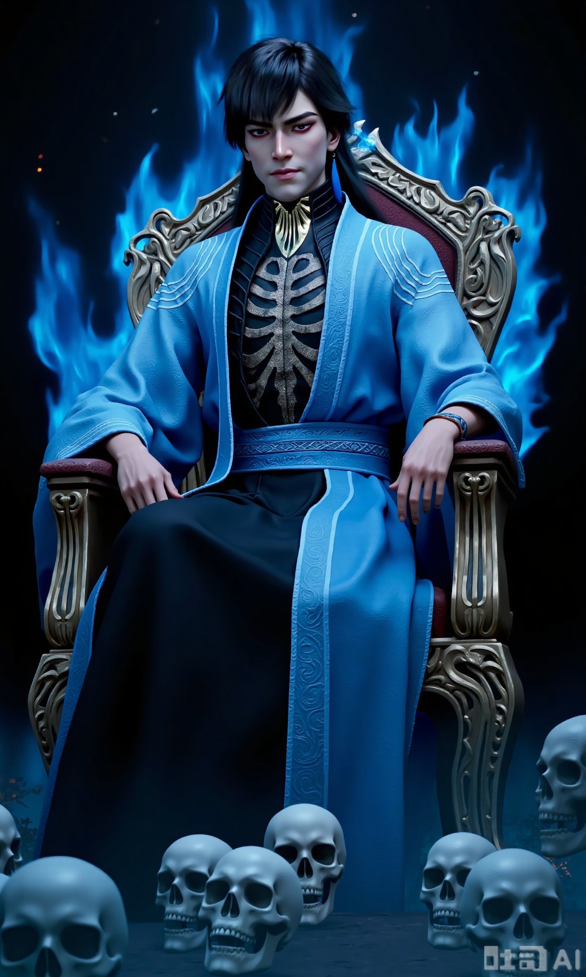 1boy,  The character is dressed in a traditional outfit,  consisting of a light blue robe with intricate patterns and a bl...