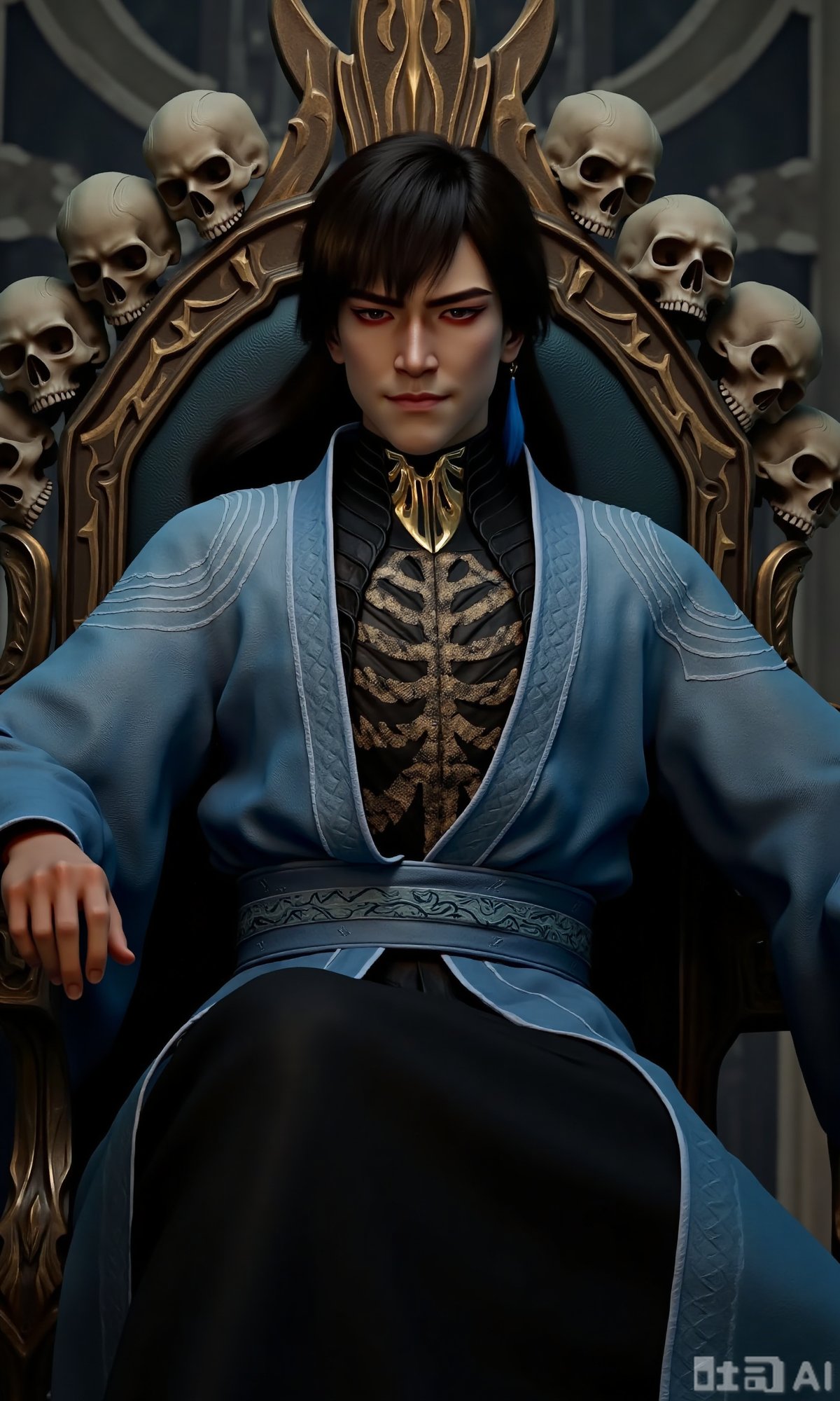 a majestic man in Hanfu,  long hair,  Sitting on a throne made of skulls and swords by DeepBlue藍心 on Tensor.Art