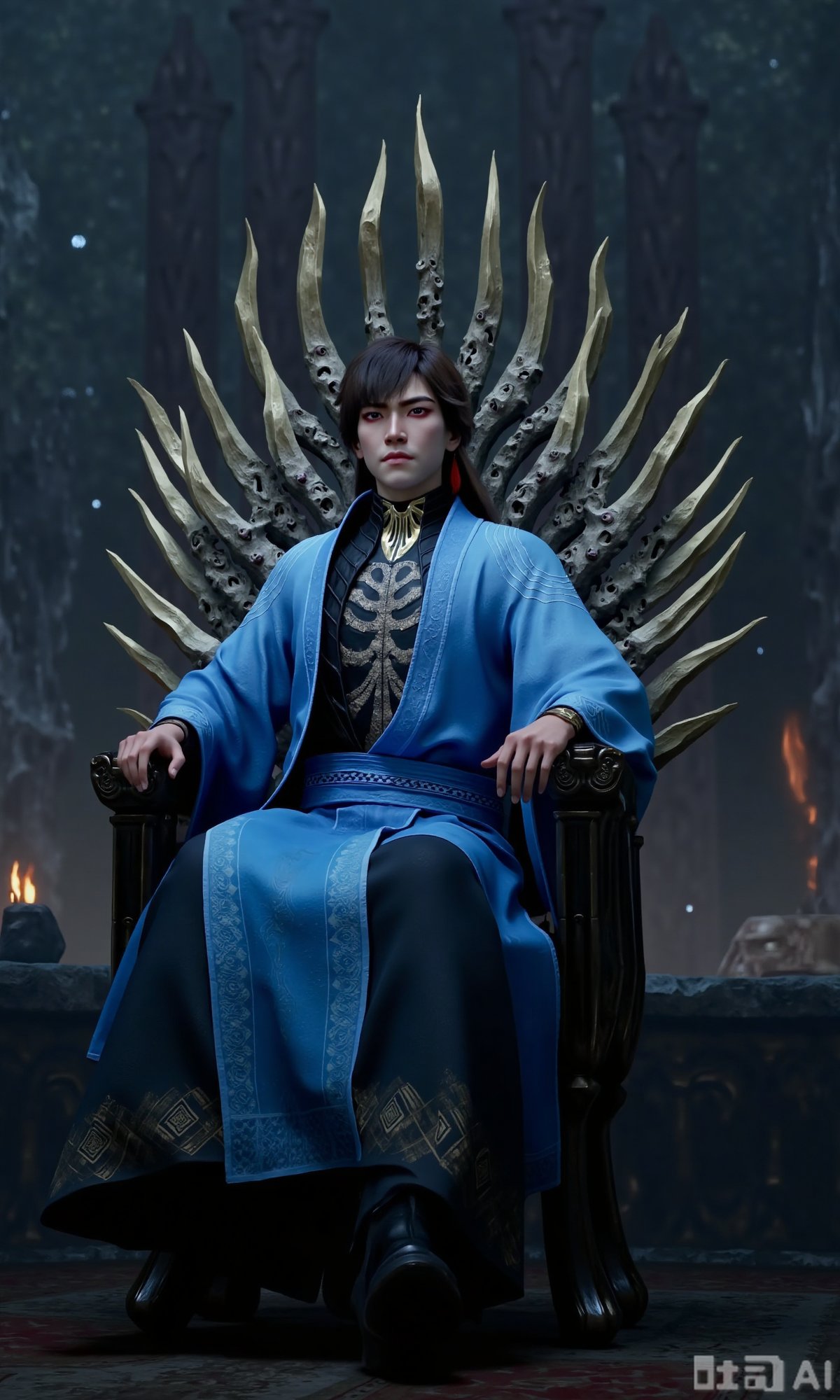 a majestic man in Hanfu,  long hair,  Sitting on a throne made of skulls and swords by DeepBlue藍心 on Tensor.Art