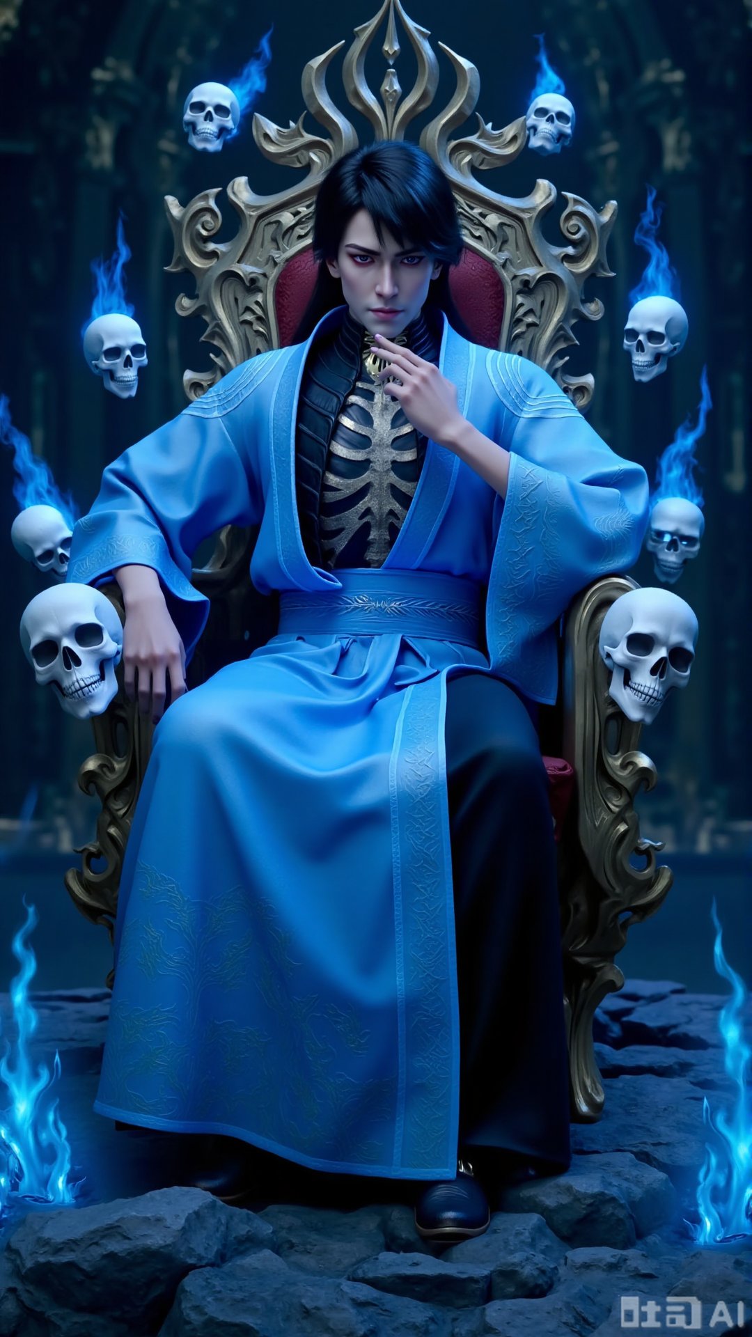 1boy,  The character is dressed in a traditional outfit,  consisting of a light blue robe with intricate patterns and a bl...