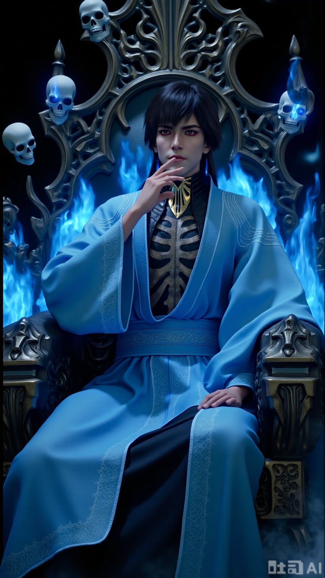 1boy,  The character is dressed in a traditional outfit,  consisting of a light blue robe with intricate patterns and a bl...