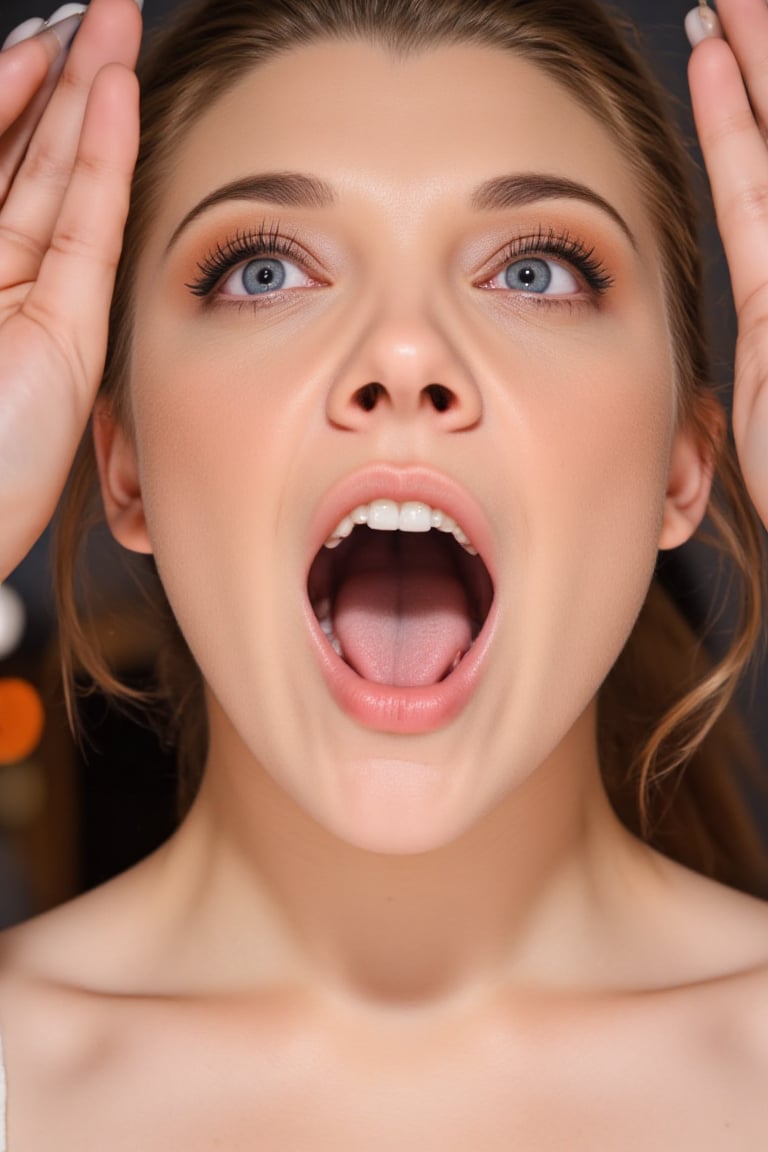 Close-up photograph focusing on a woman’s head and upper body,  centered on her wide-open mouth,  showcasing the throat. B...
