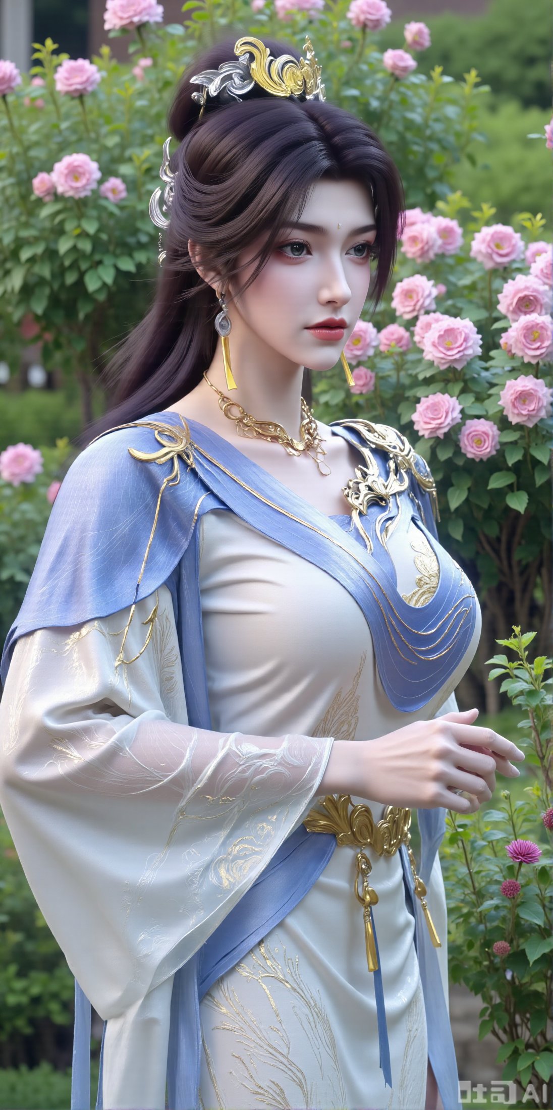 best quality,  A woman adorned in traditional Chinese attire,  featuring a flowing robe with intricate embroidery and flor...