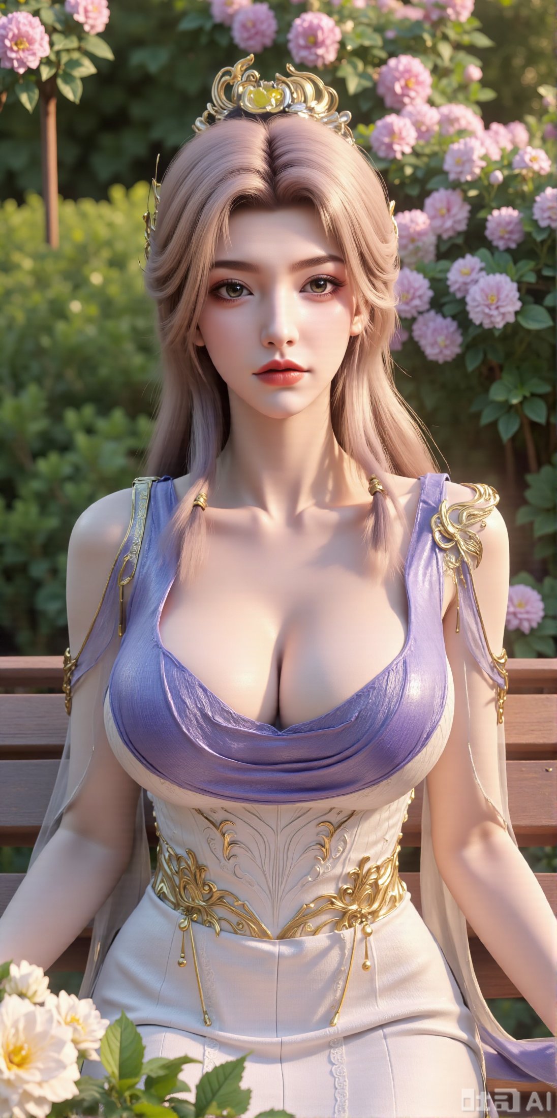 A beauty ,  (dress). Leaning on a garden bench filled with macaron - colored flowers,  .Sunlight filters through the leave...