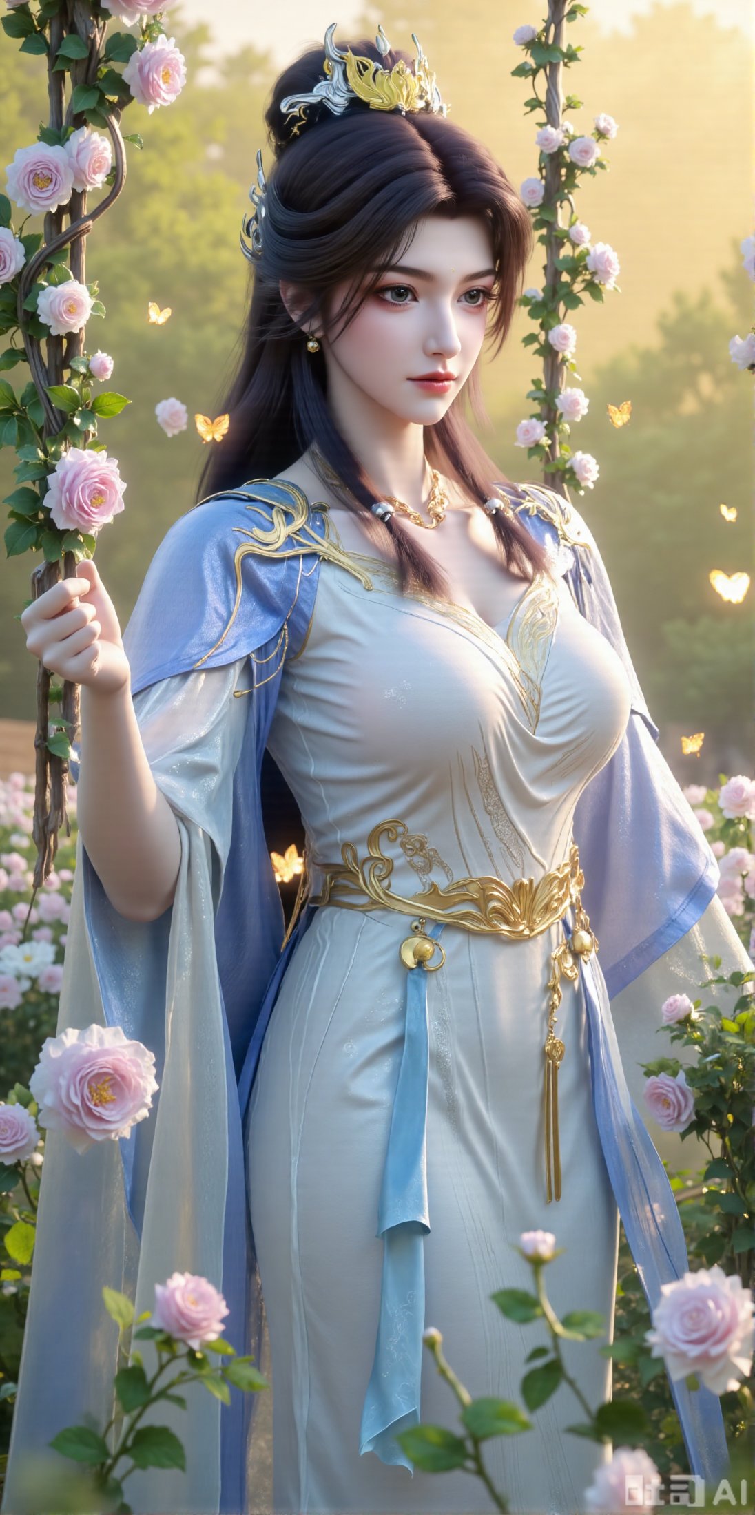 In a cinematic shot with soft sunlight filtering through petals,  a delicate fairy-like beauty swings gently on a flower s...