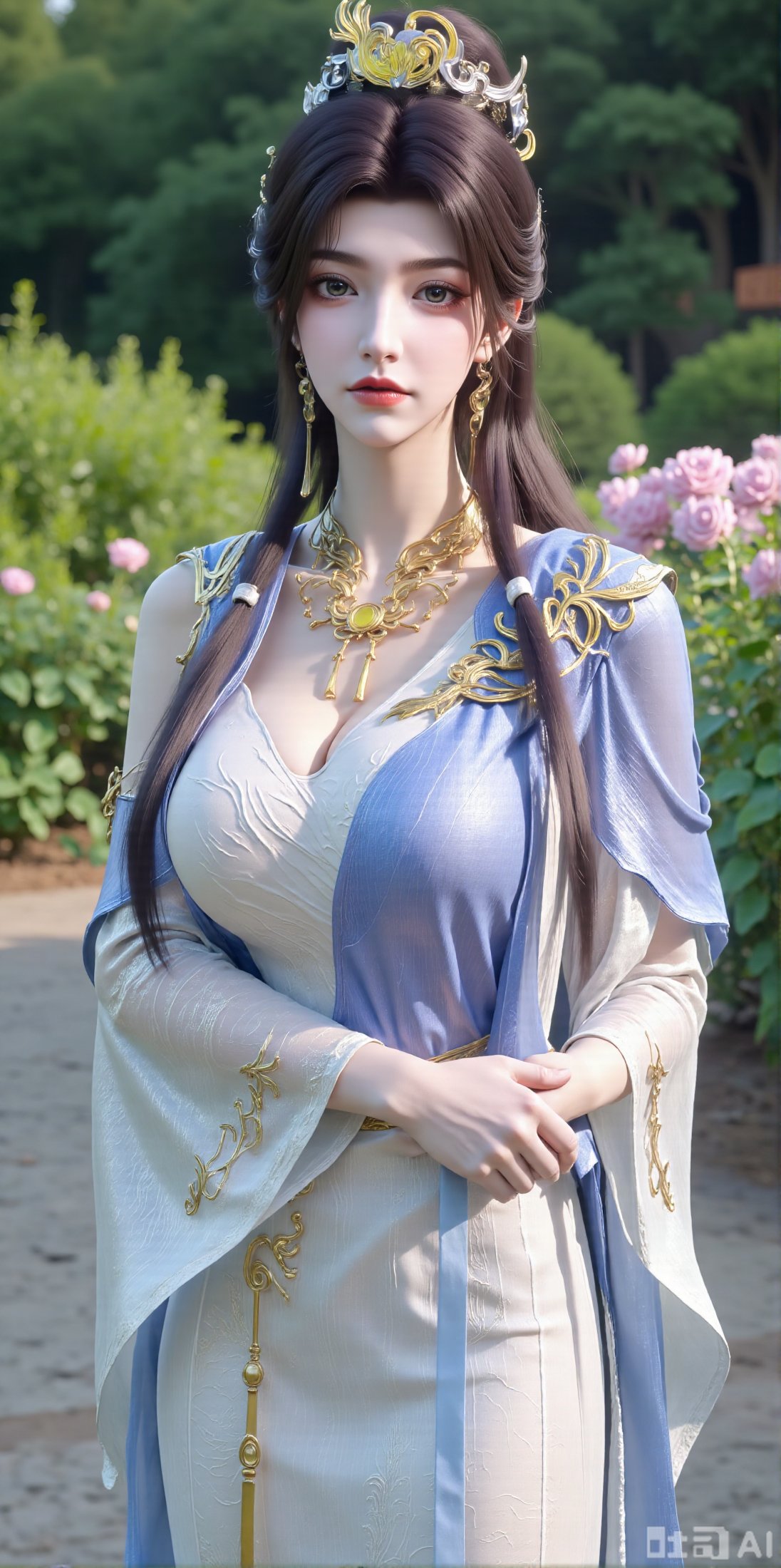 best quality,  A woman adorned in traditional Chinese attire,  featuring a flowing robe with intricate embroidery and flor...