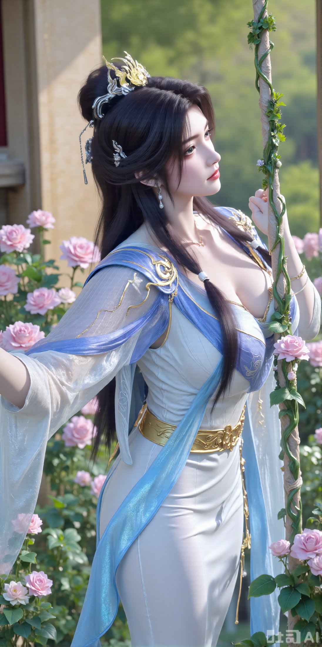 In a cinematic shot with soft sunlight filtering through petals,  a delicate fairy-like beauty swings gently on a flower s...