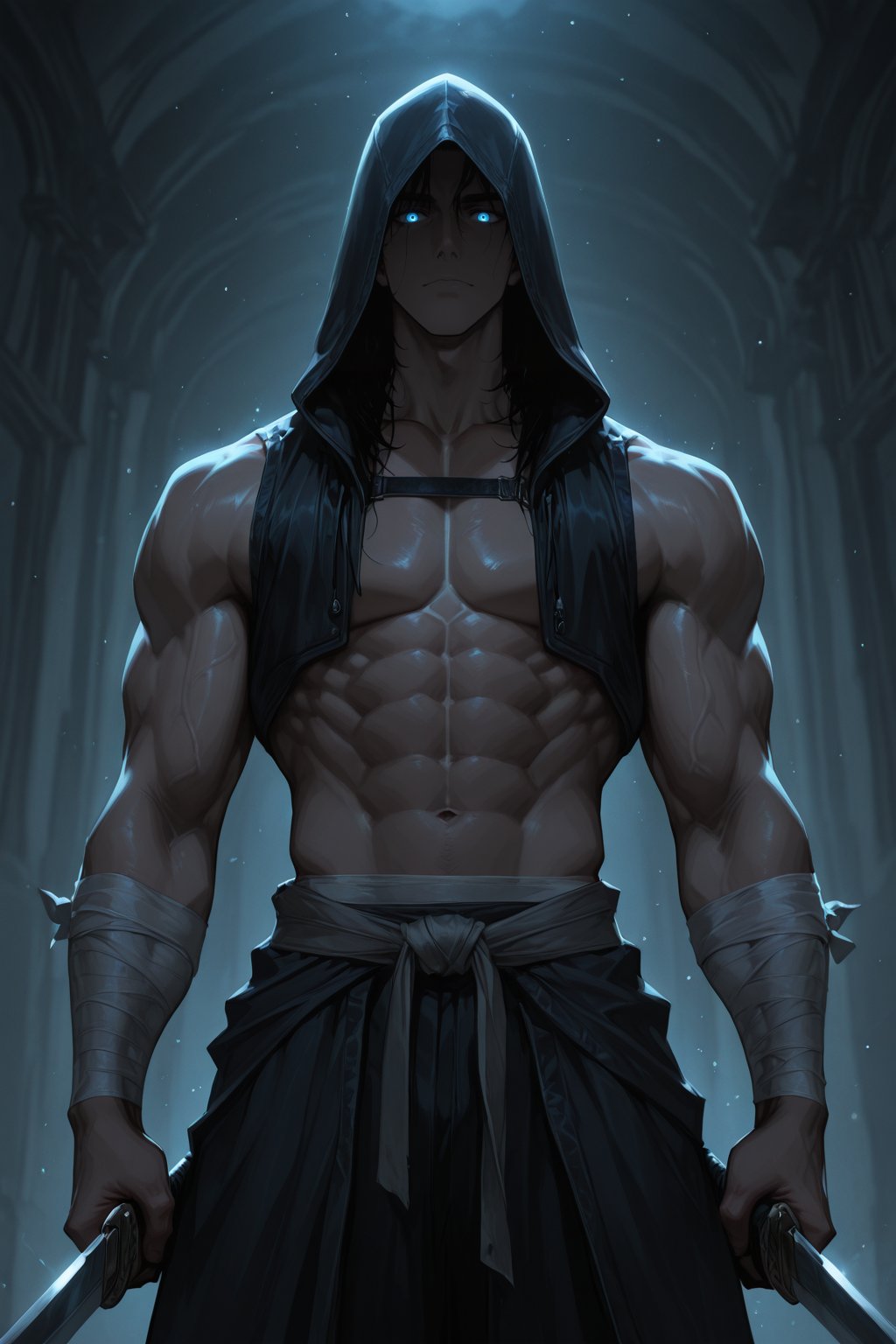 ......... ,  ,  black aura manhwa solo blue eyes black hair 1boy holding weapon male focus sword hood holding weapon glowi...