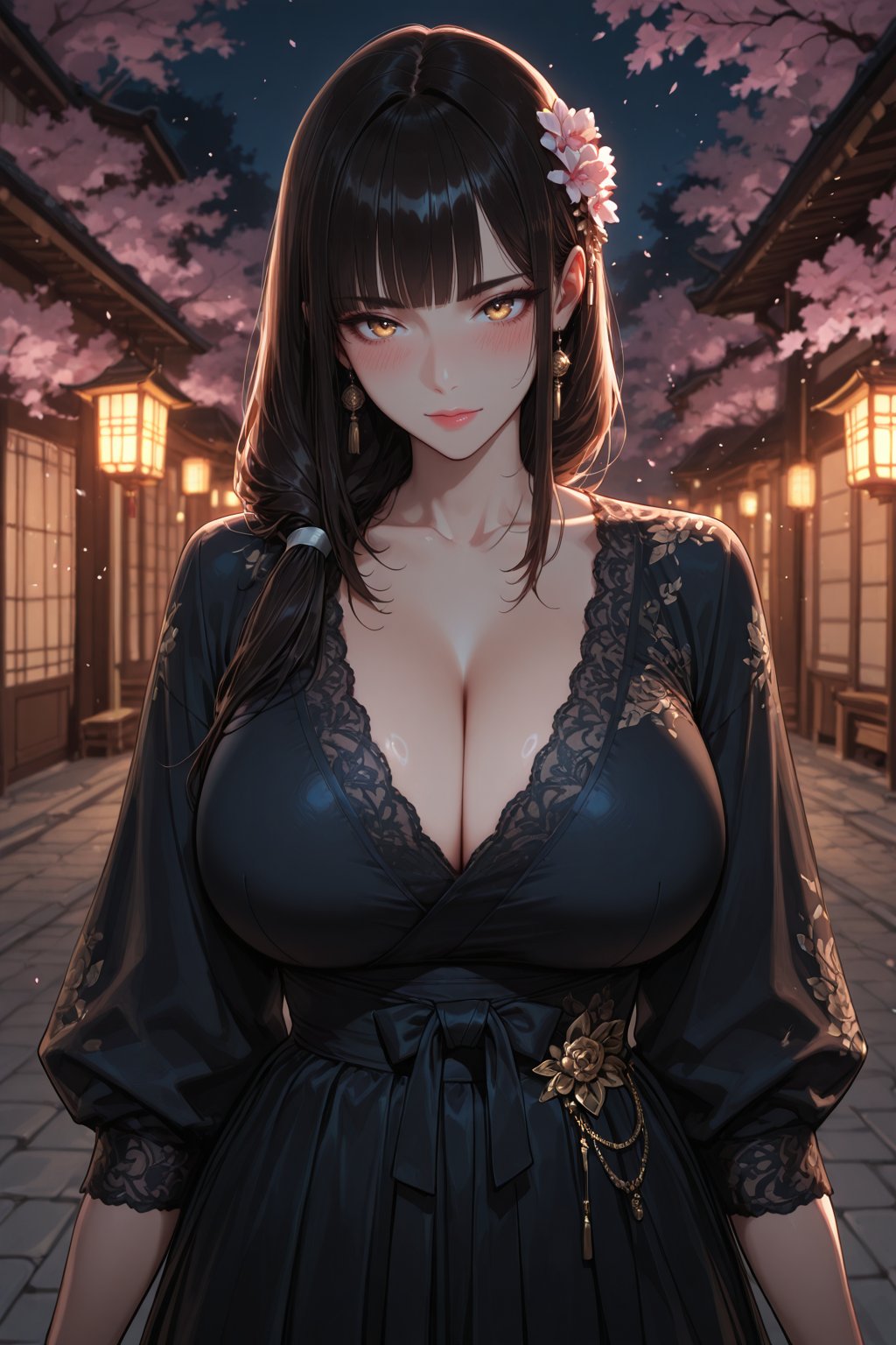 ......... . Solo graceful attendant with subtle muscle definition,  huge breasts in a modernized hanbok: pale peach jeogor...