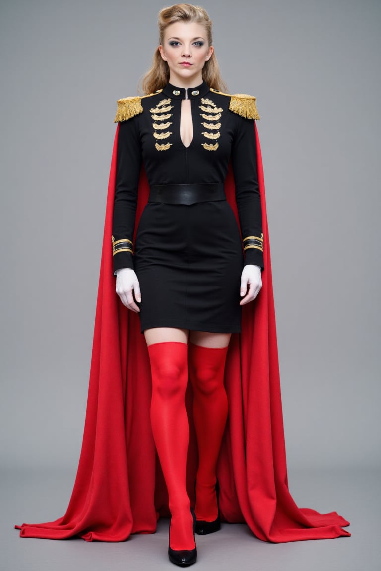 Woman wearing a black military-style dress uniform with gold accents,  red cape,  white gloves by Zero-Moralezz on Tensor.Art
