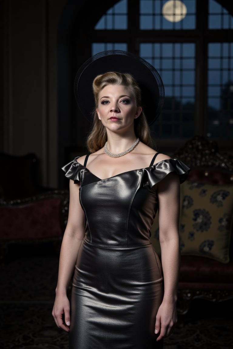 A woman in a 1950s-inspired outfit,  standing in a dimly lit,  gothic room. She wears a large by Zero-Moralezz on Tensor.Art