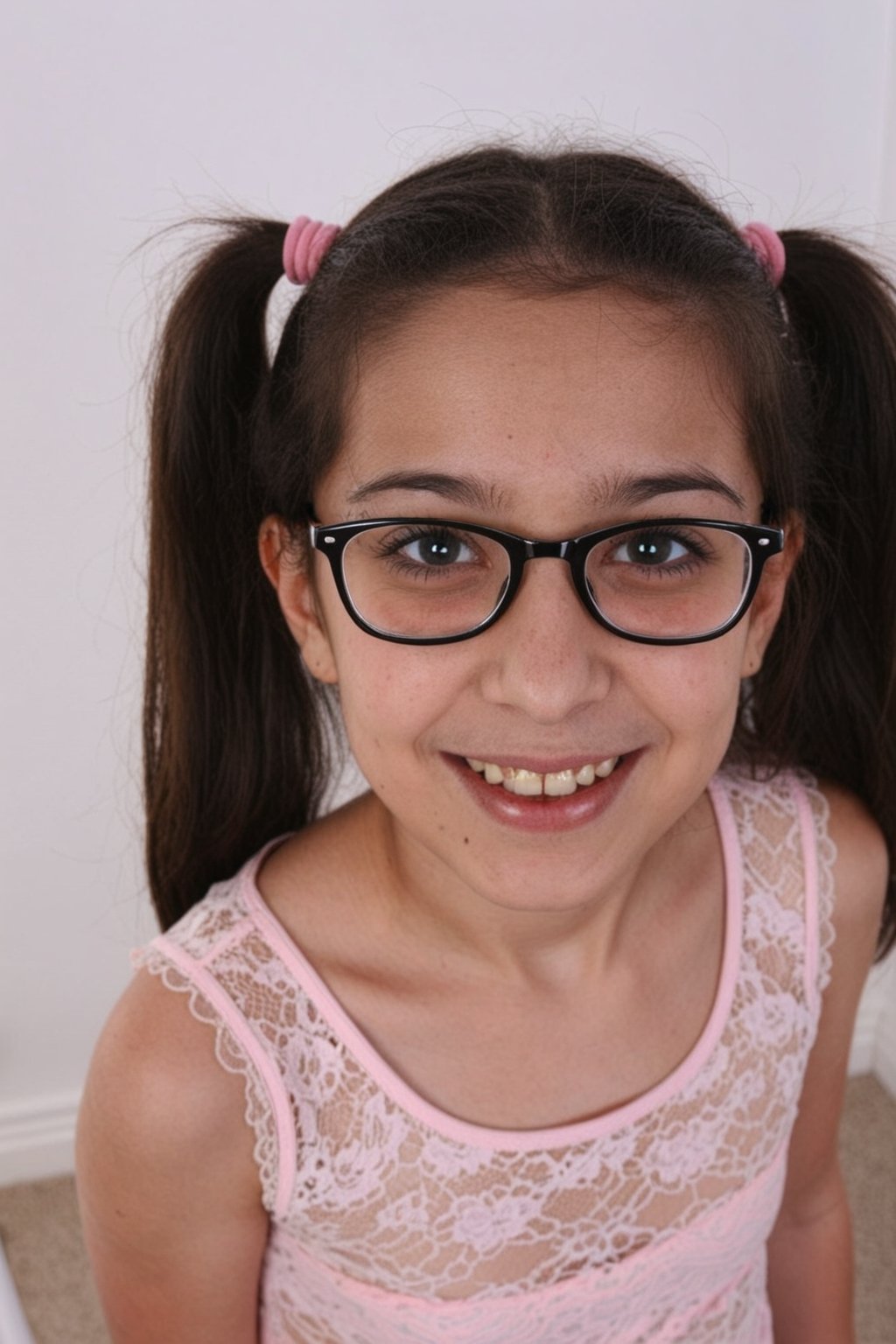 A young tween girl stands in a well-lit room,  smiling widely. She wears a lace top and has two ponytails tied back. She i...