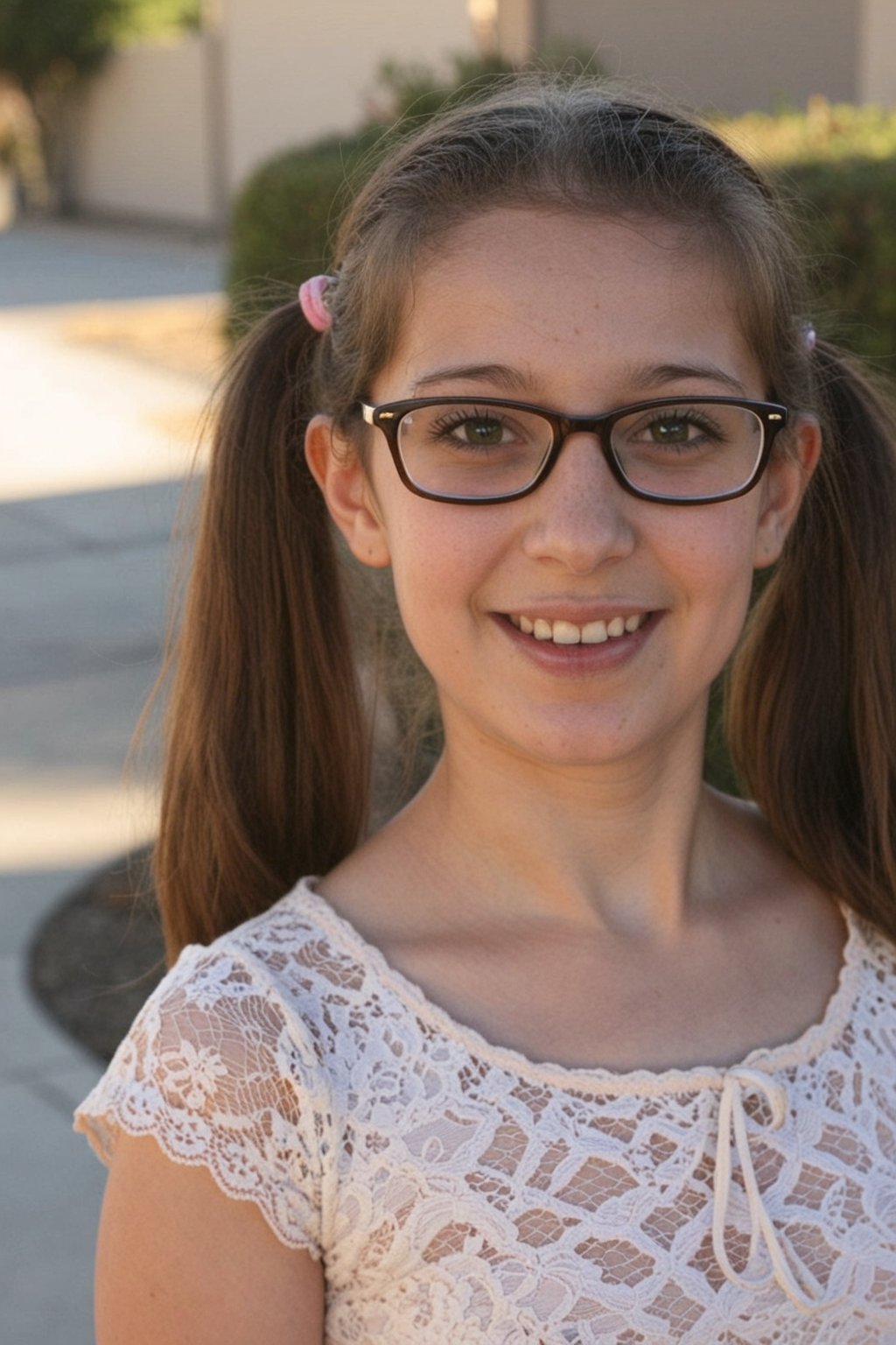 A young tween girl smiles,  her hair tied in two neat ponytails. She wears a lace top and is bespectacled. The lighting is...