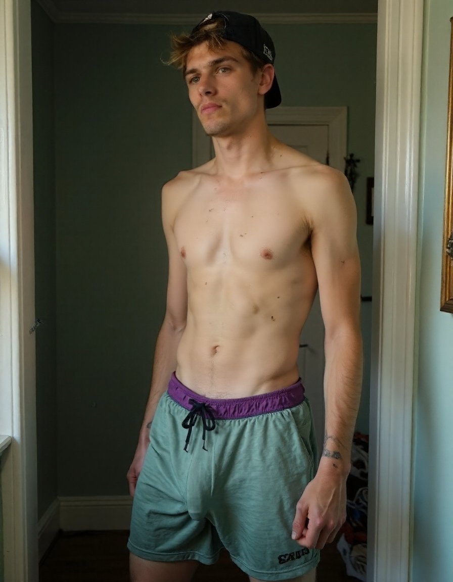 cockunderFlux,  clearVPLdown,  this photograph features a man showing a visible penis line in the downward position by eph...