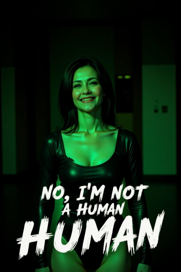 This is a digital artwork featuring a woman wearing latex bodysuit,  smiling with eyes closed. The image is predominantly...