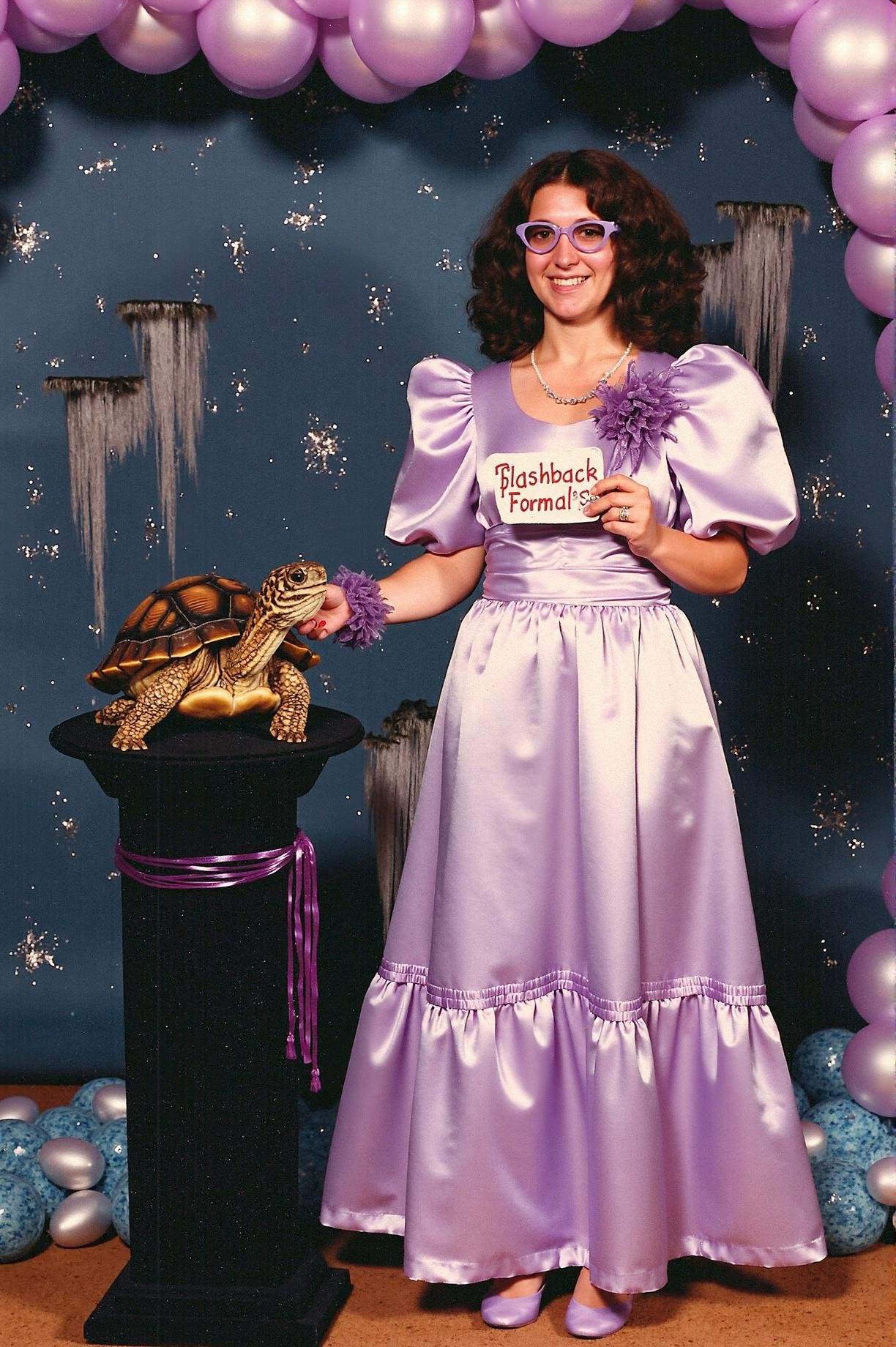prom photo,  nerdy woman in a lavender satin prom dress with puffed sleeves,  oversized glasses and braces by an303042 on...