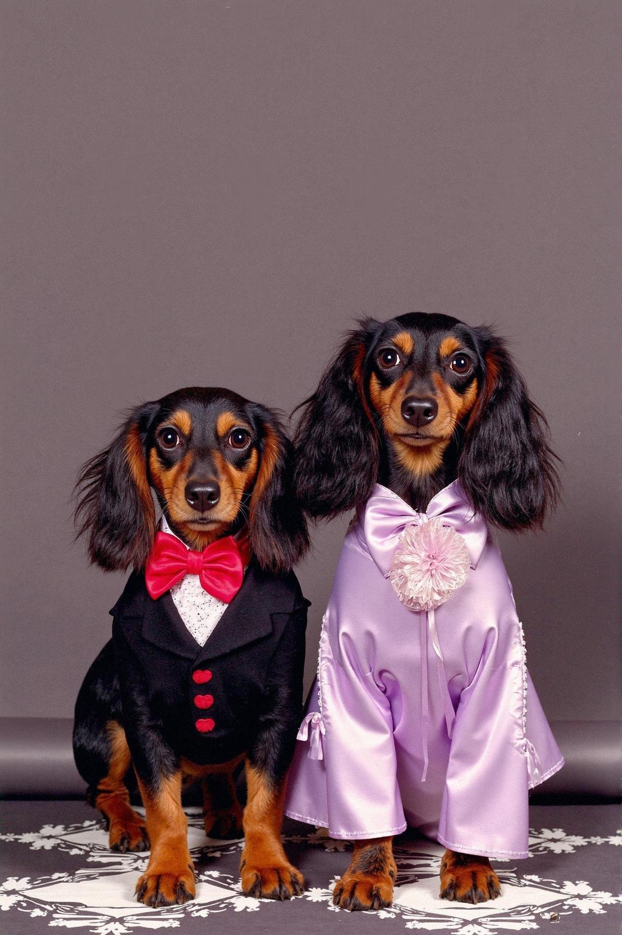 prom photo,  two dachshunds dressed for prom,  one in a tiny black tuxedo with red bowtie by an303042 on Tensor.Art