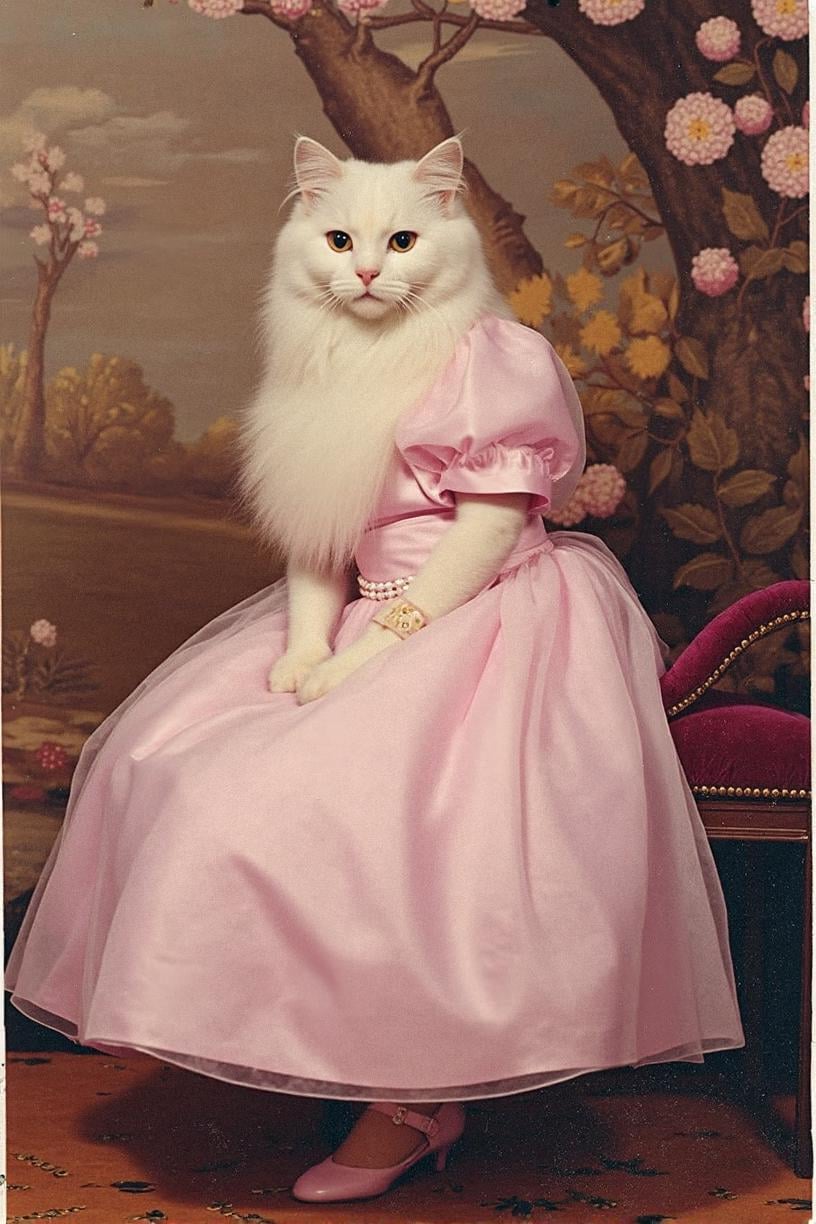 prom photo,  long-haired white cat wearing a pastel pink tulle prom dress with puffed sleeves and pearl necklace,  sitting...