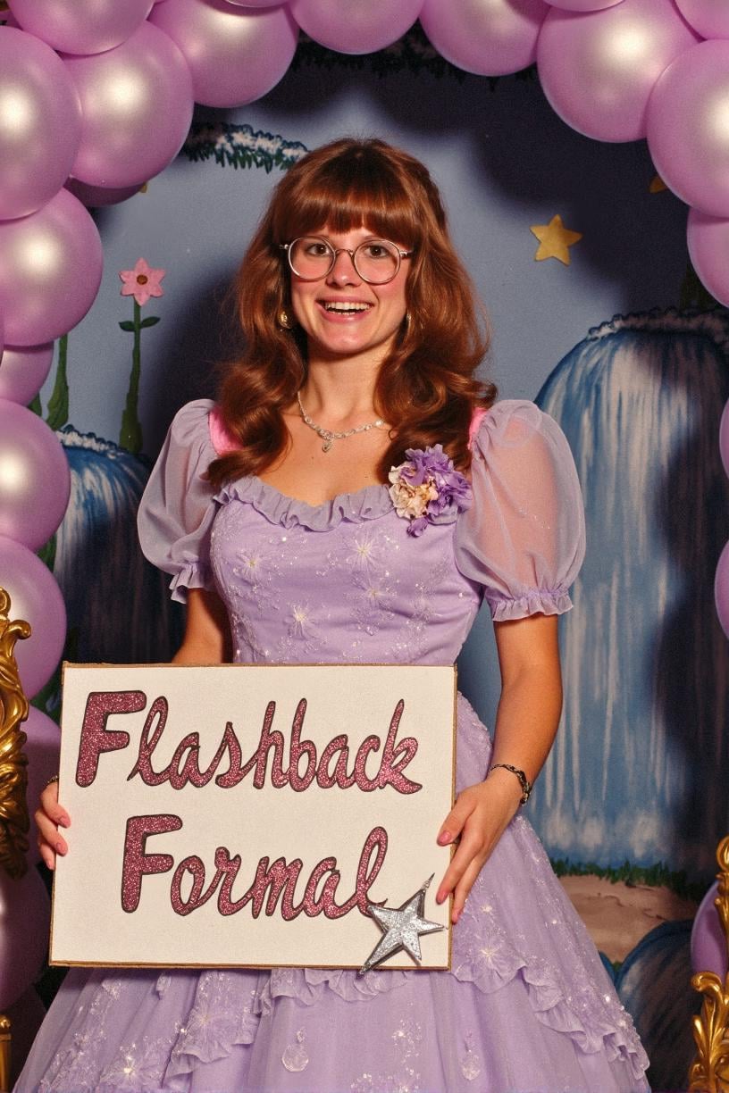 prom,  close-up studio portrait of a beautiful nerdy woman with feathered 1980s hair,  large round glasses by an303042 on...