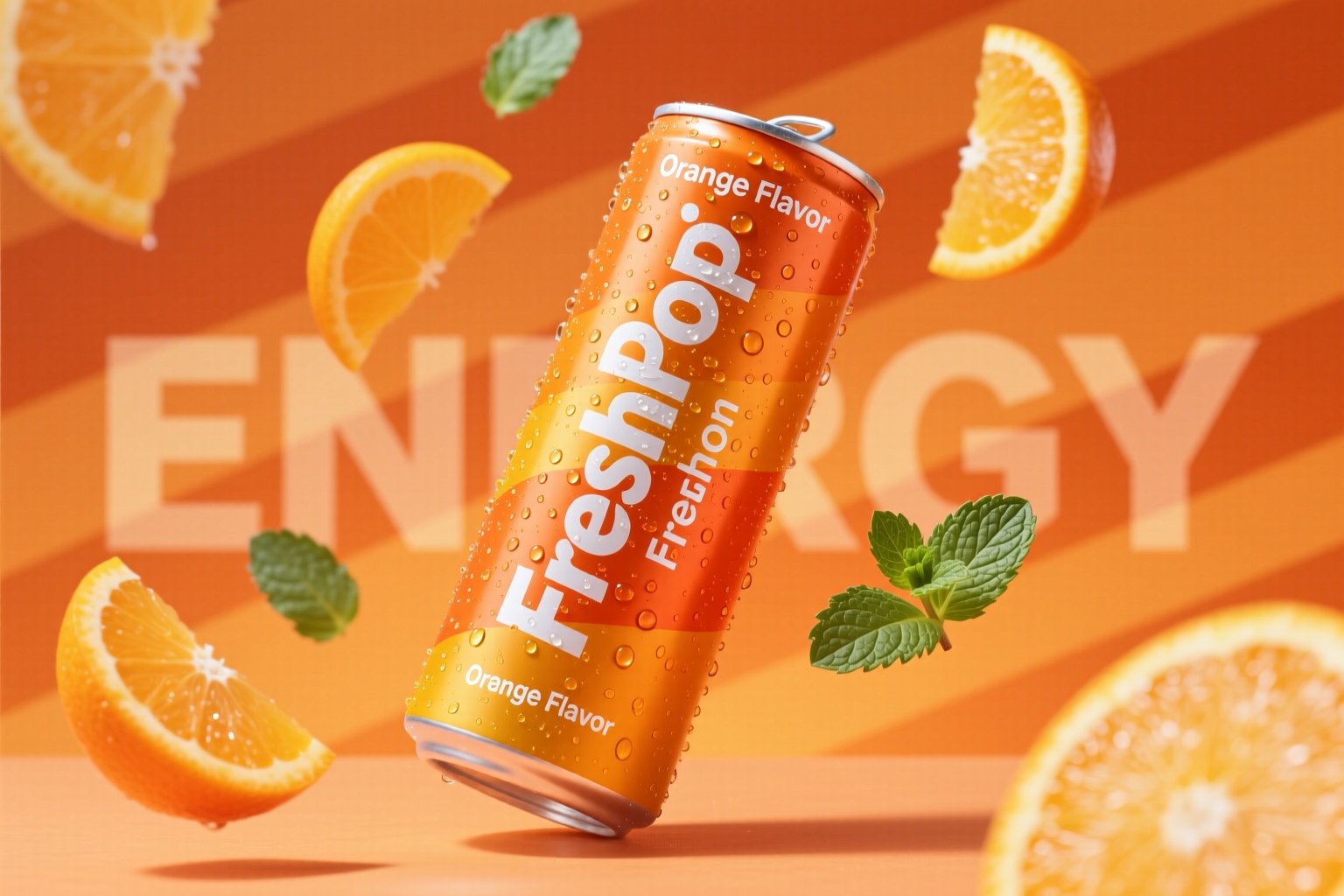 Promotional graphic featuring a tall,  diagonally positioned can with a vibrant orange gradient,  “Orange Flavor” in elega...