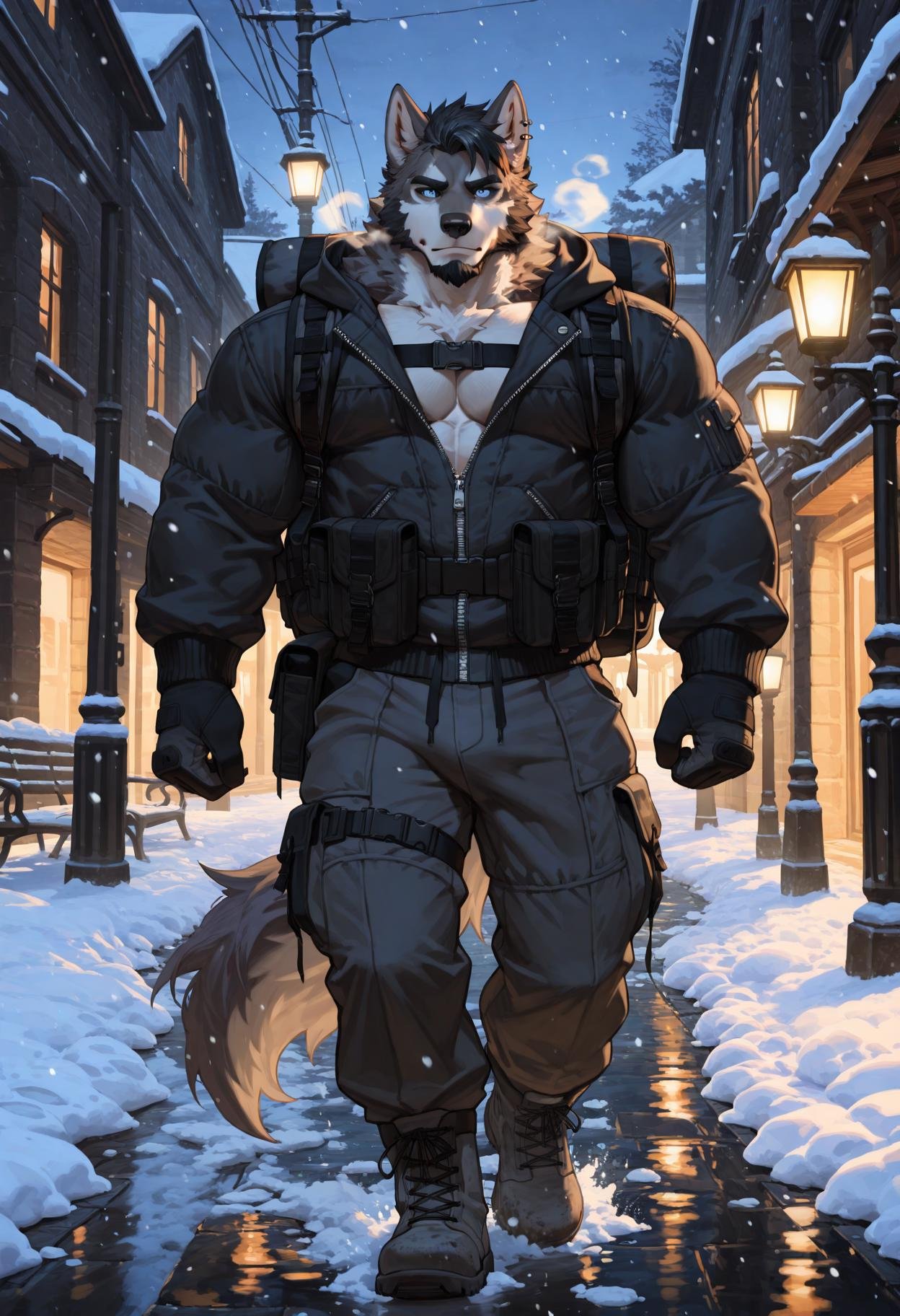 male wolf furry,  young adult around 20 years old,  tall strong athletic muscular build with broad shoulders and narrow wa...