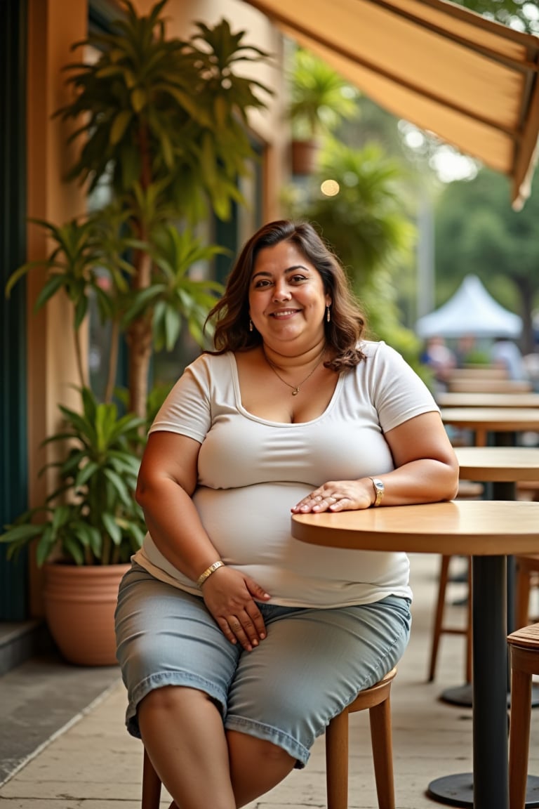Overweight woman sitting on a high chair at a sunny outdoor café,  wearing casual summer clothes,  relaxed posture with ar...
