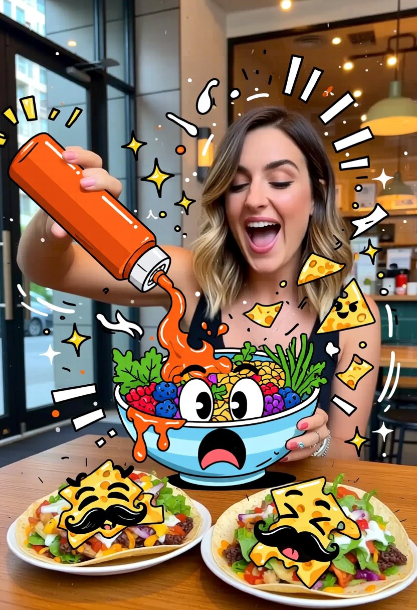 real&doodle!,  A woman with shoulder-length hair and a playful expression holds a cartoon-style orange sauce bottle,  sque...