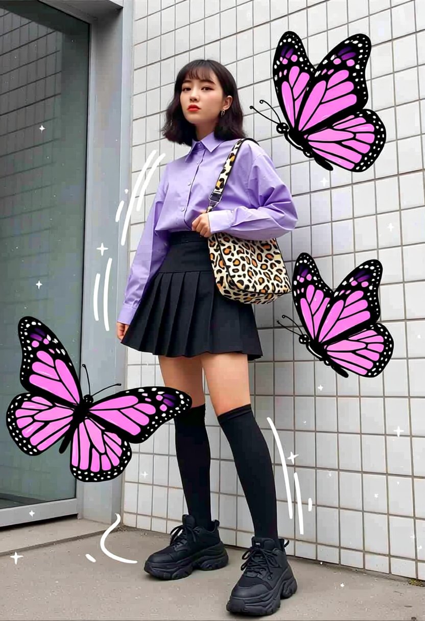 real&doodle!,  A young woman stands against a white tiled wall,  wearing a lavender button-up shirt by riiwa on Tensor.Art