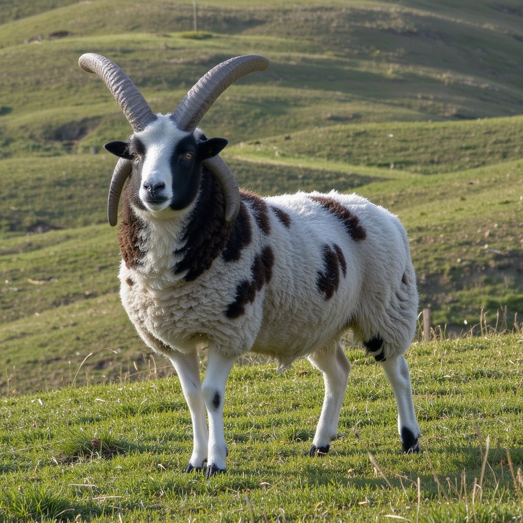 Photo-realistic,  cinematic style,  ultra high resolution. A single Jacob ram standing on grassy hills by Antu2025 on Tens...