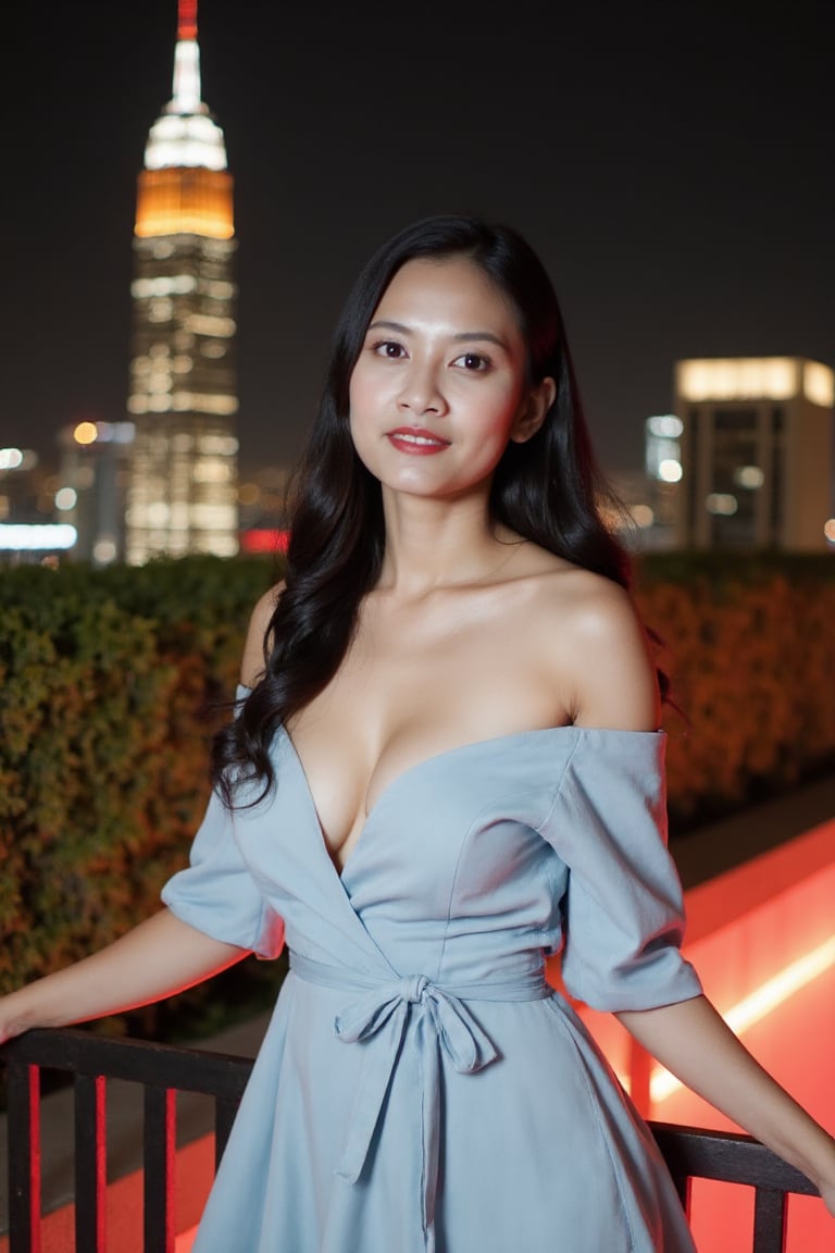 A woman named risma leaning against fences in sexy pose,  on the rooftop of a luxurious hotel with charming decorations an...