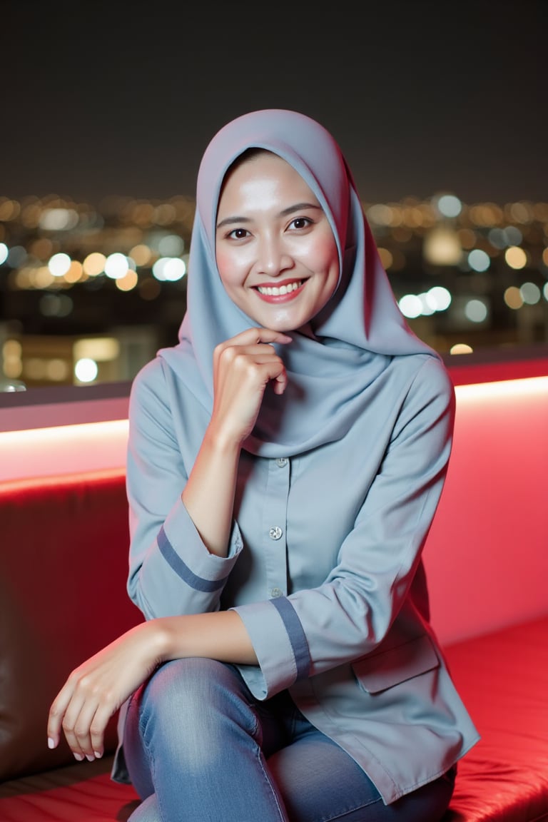 A woman named risma sitting on sofa in elegant pose,  on the rooftop of a luxurious hotel with charming decorations and th...