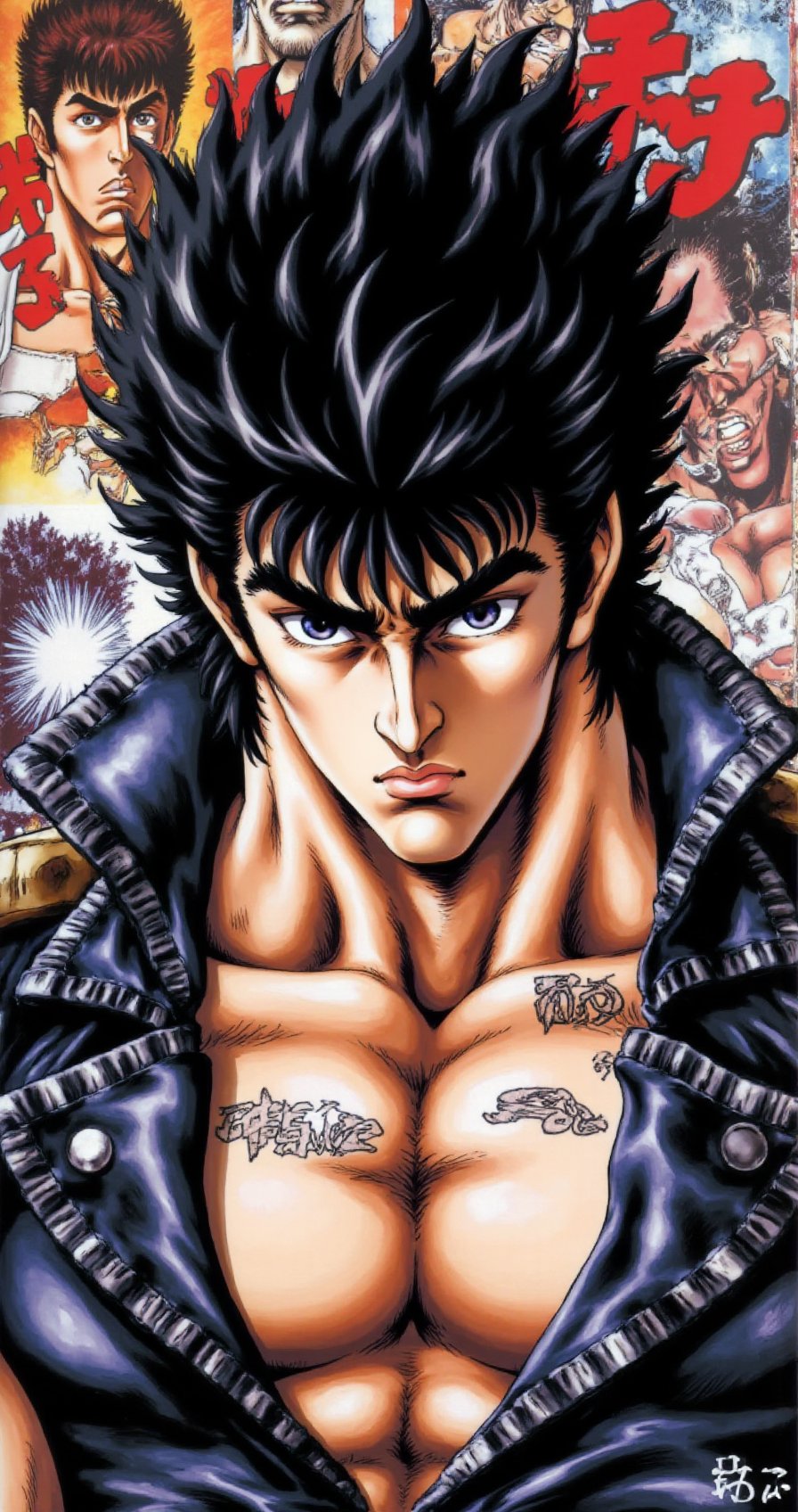 kenshiro_fotns,  upper body close-up,  muscular male with bare chest scars by JoeArt on Tensor.Art