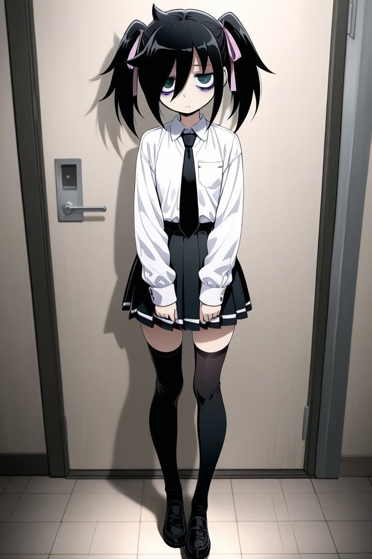 1girl solo looking at viewer skirt shirt black hair thighhighs long sleeves ribbon twintails school uniform standing full...