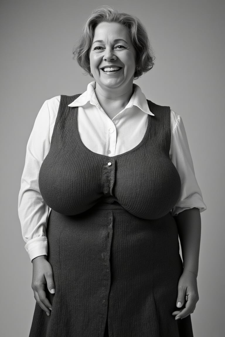 The black and white photograph depicts a vintage-inspired studio scene featuring a robustly built octogenarian woman with...
