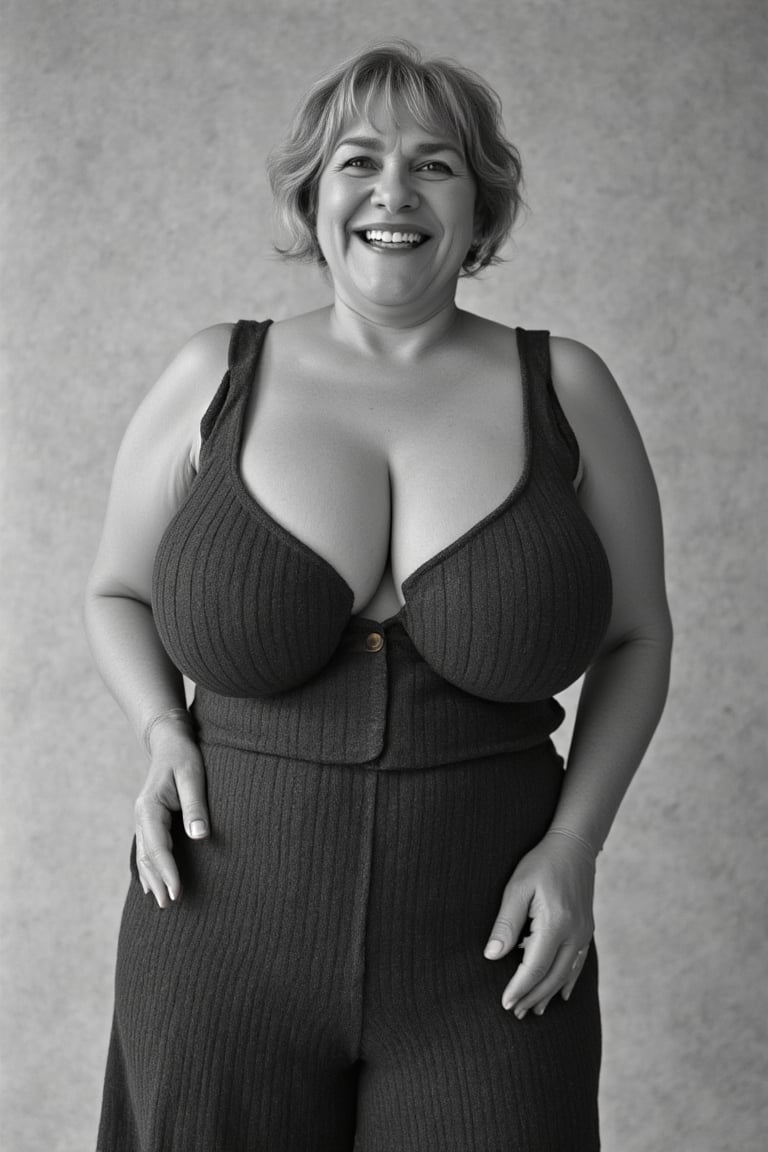 The black and white photograph depicts a vintage-inspired studio scene featuring a robustly built octogenarian woman with...