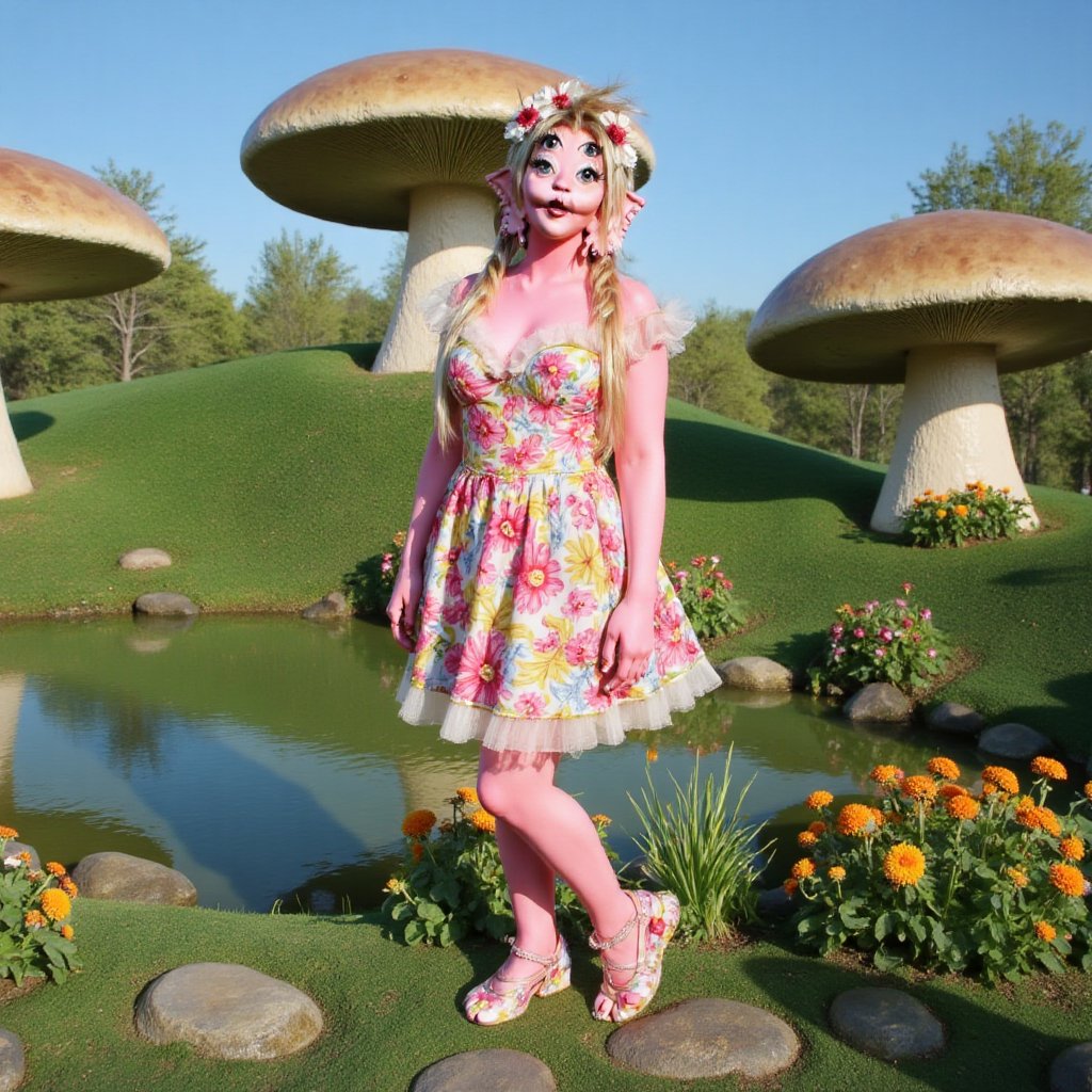The image depicts a whimsical scene with a person dressed in a floral-patterned outfit,  standing in front of a small pond...