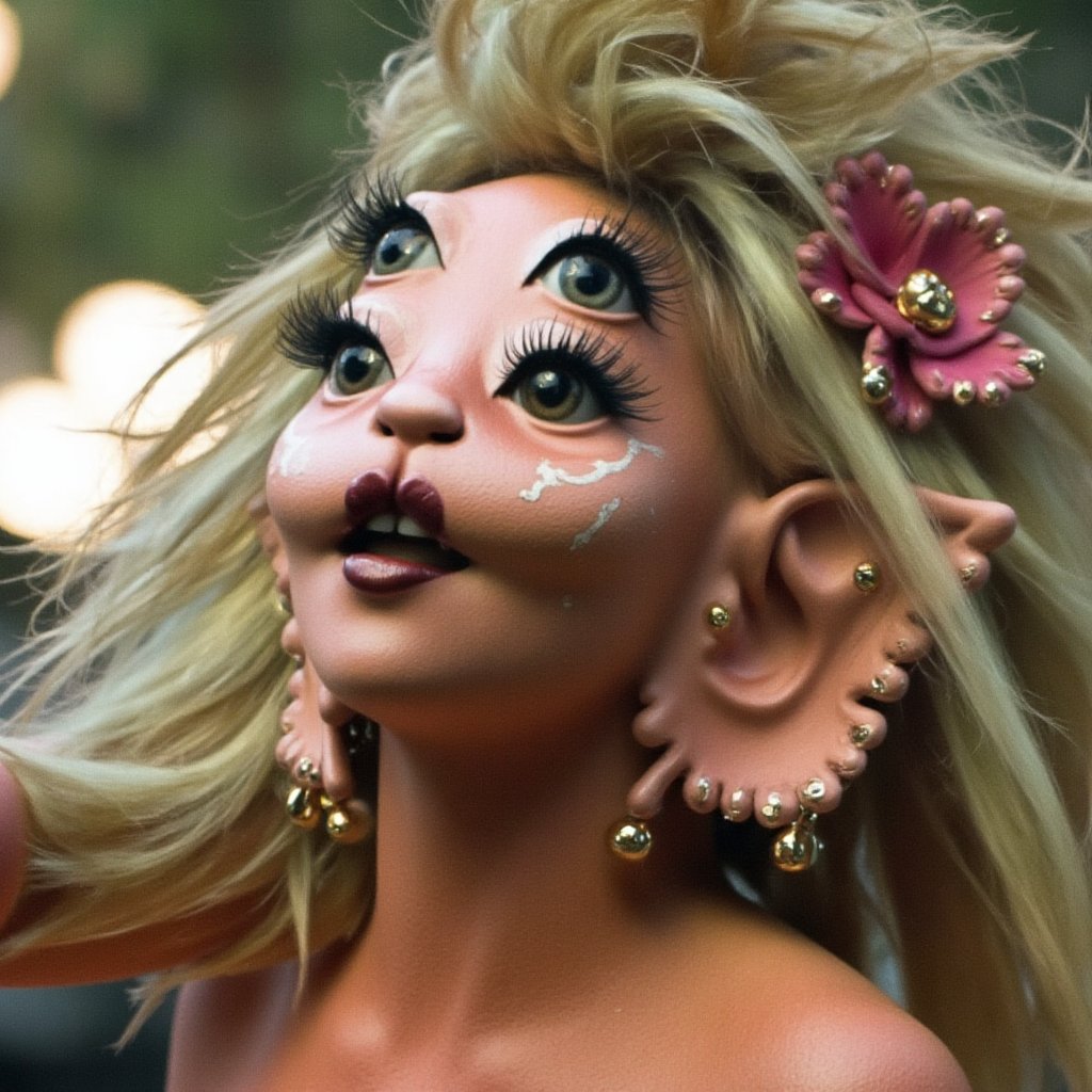 The image shows a close-up of a person wearing a whimsical,  fantasy-themed costume. The individual has exaggerated facial...