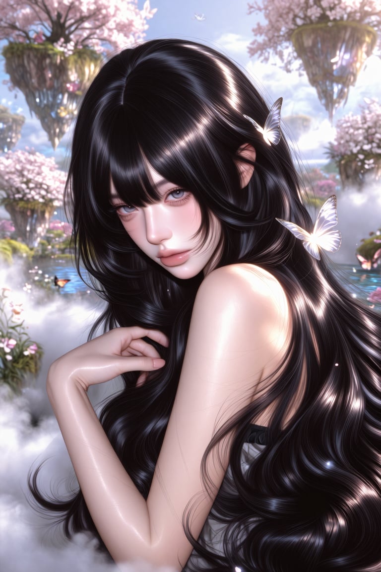 ((1 woman)) Beautiful face,  captivating Black eyes long layered hair,  feathered layers by SylviaDuskBen on Tensor.Art