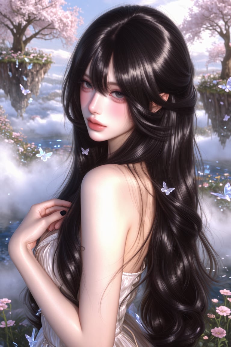 ((1 woman)) Beautiful face,  captivating Black eyes long layered hair,  feathered layers by SylviaDuskBen on Tensor.Art
